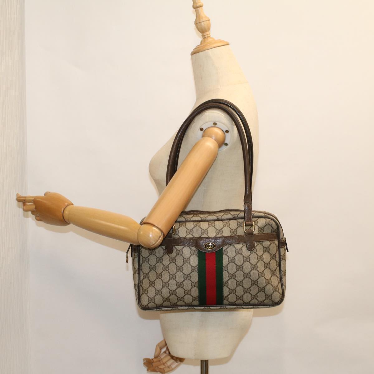 GUCCI GG Supreme Web Sherry Line Hand Bag PVC Leather Beige Red Green 56469