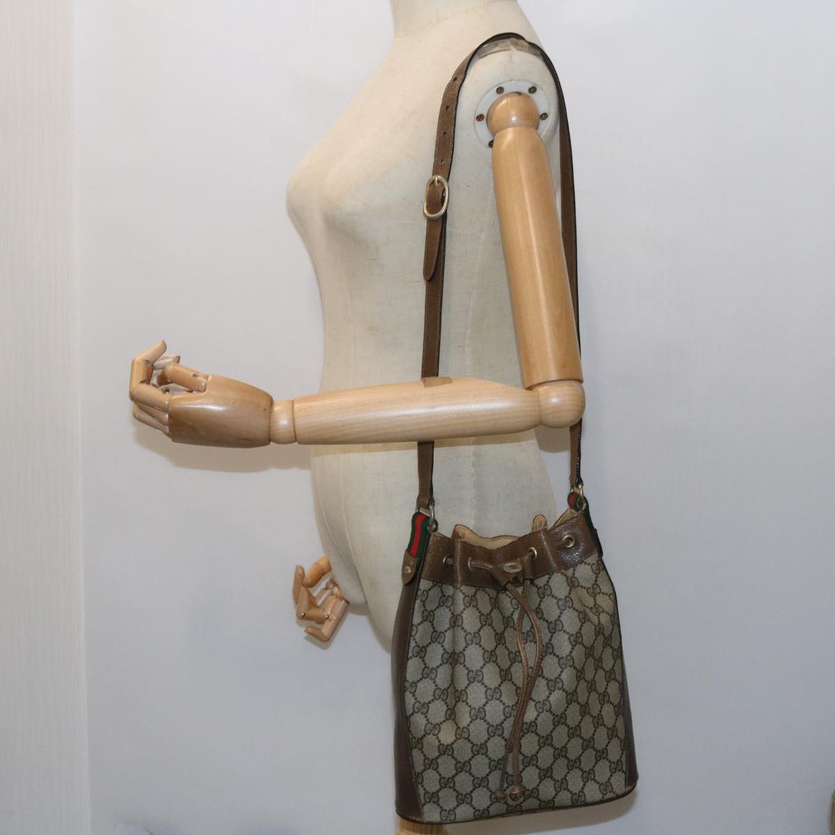 GUCCI GG Canvas Web Sherry Line Shoulder Bag PVC Leather Beige Green 56564