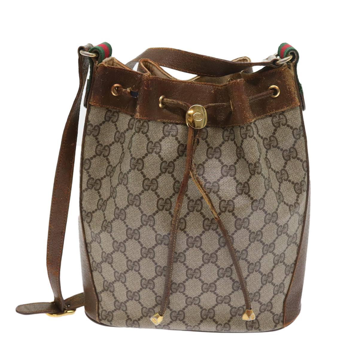 GUCCI GG Canvas Web Sherry Line Shoulder Bag PVC Leather Beige Green 56565