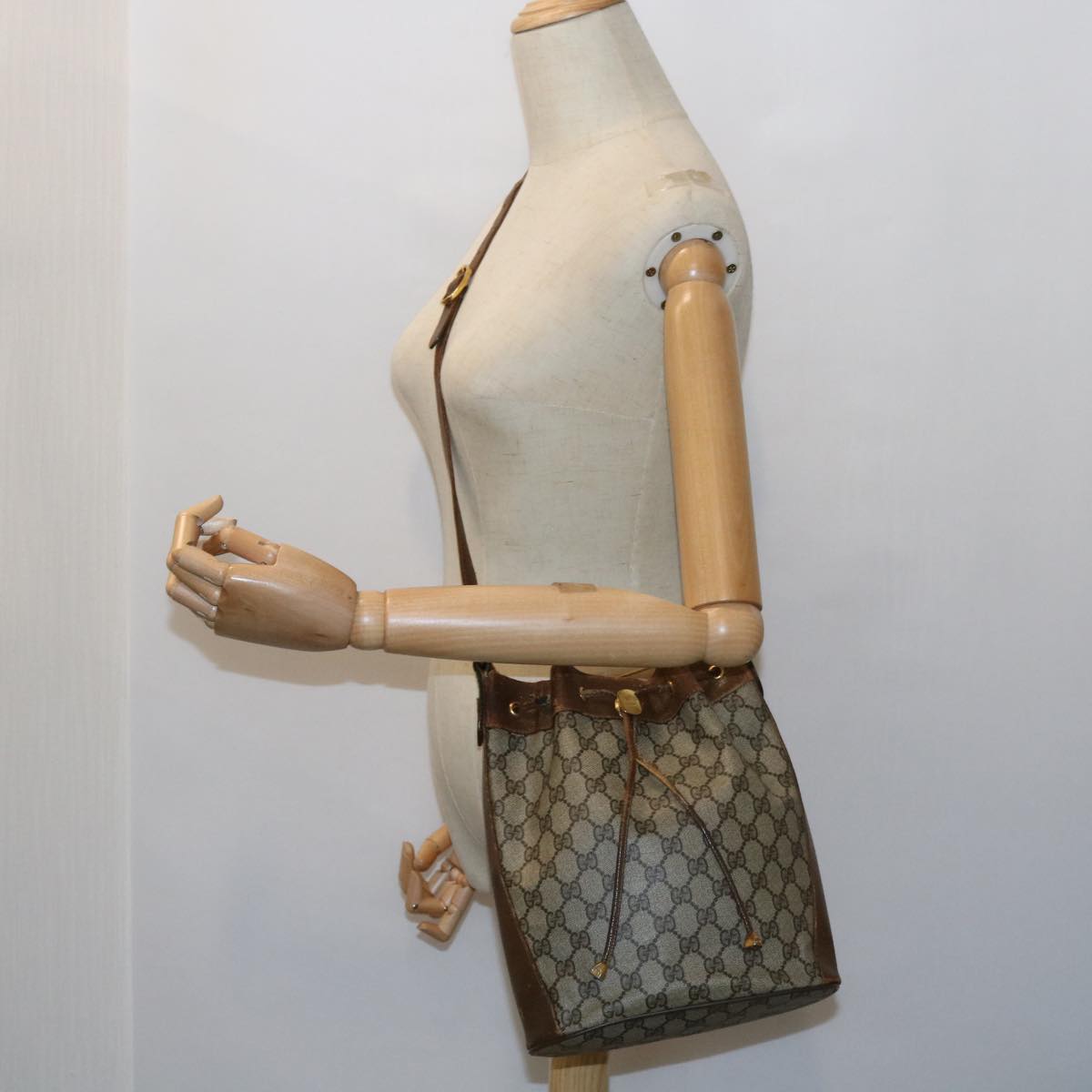 GUCCI GG Canvas Web Sherry Line Shoulder Bag PVC Leather Beige Green 56565