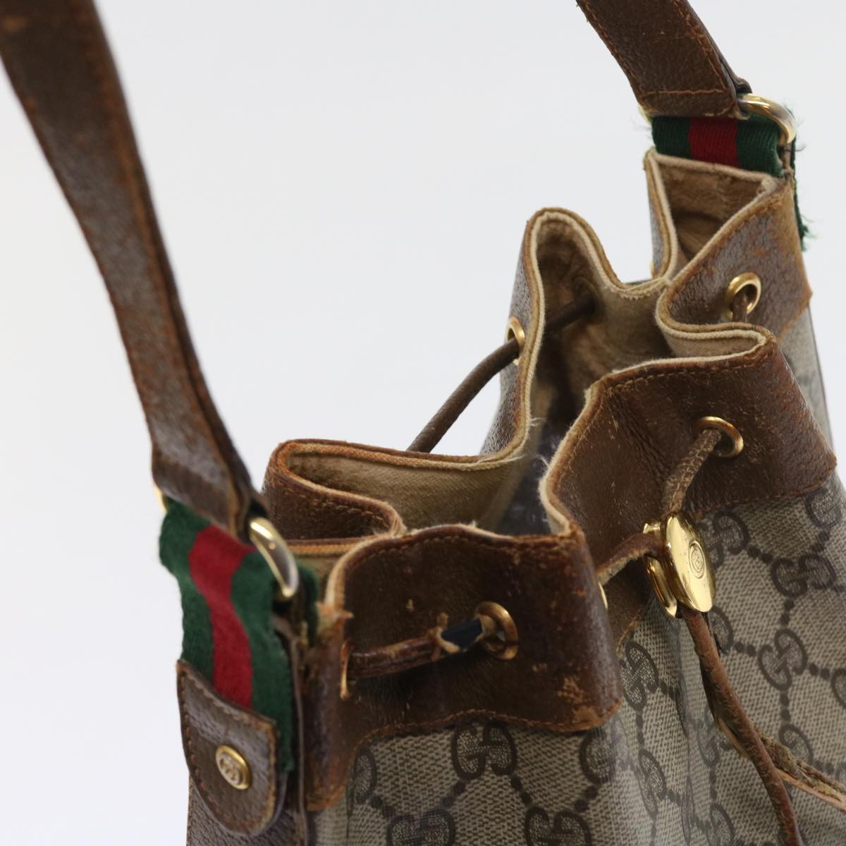 GUCCI GG Canvas Web Sherry Line Shoulder Bag PVC Leather Beige Green 56565