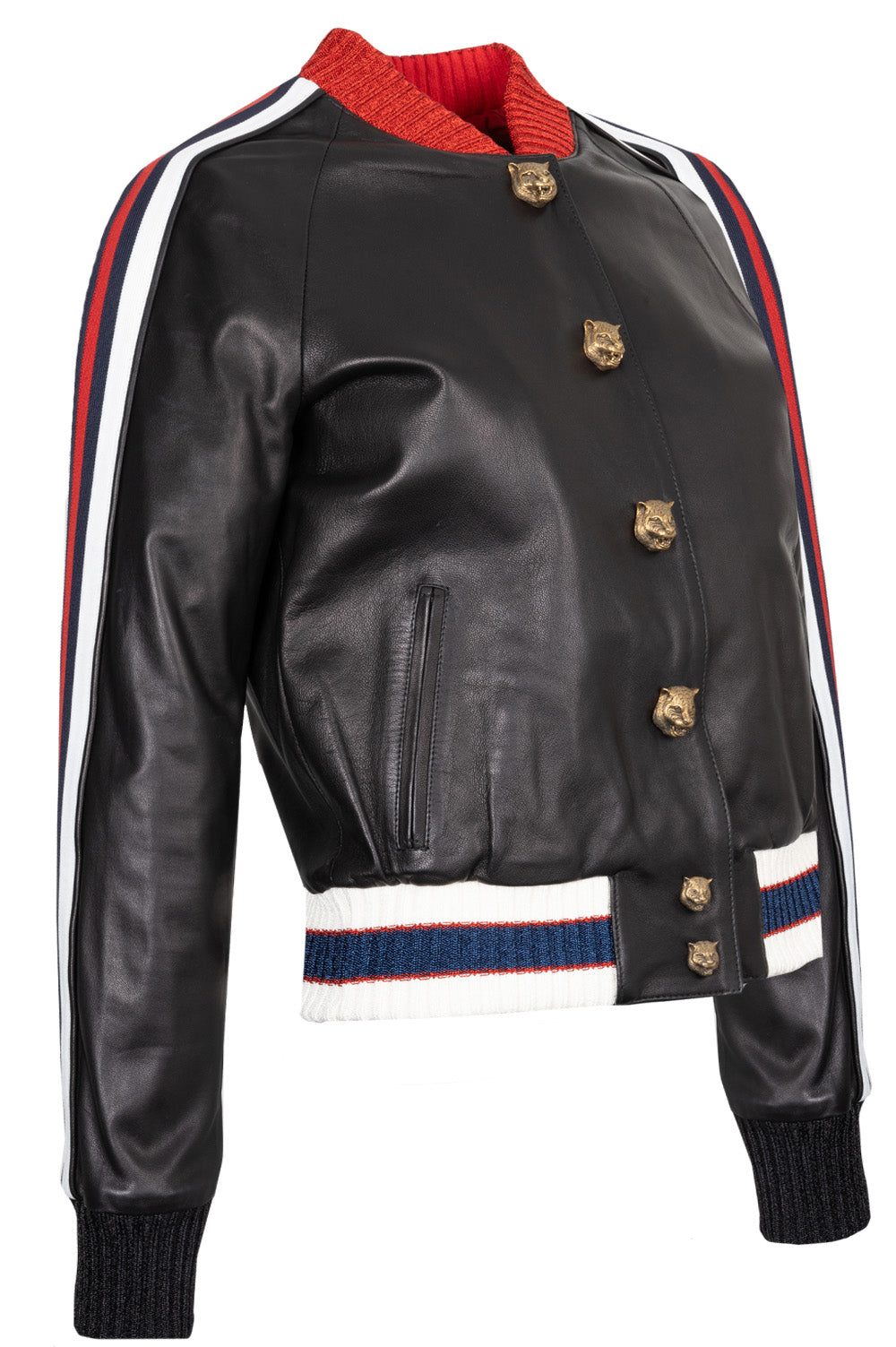 GUCCI Lion Head Leather Bomber Jacket Black