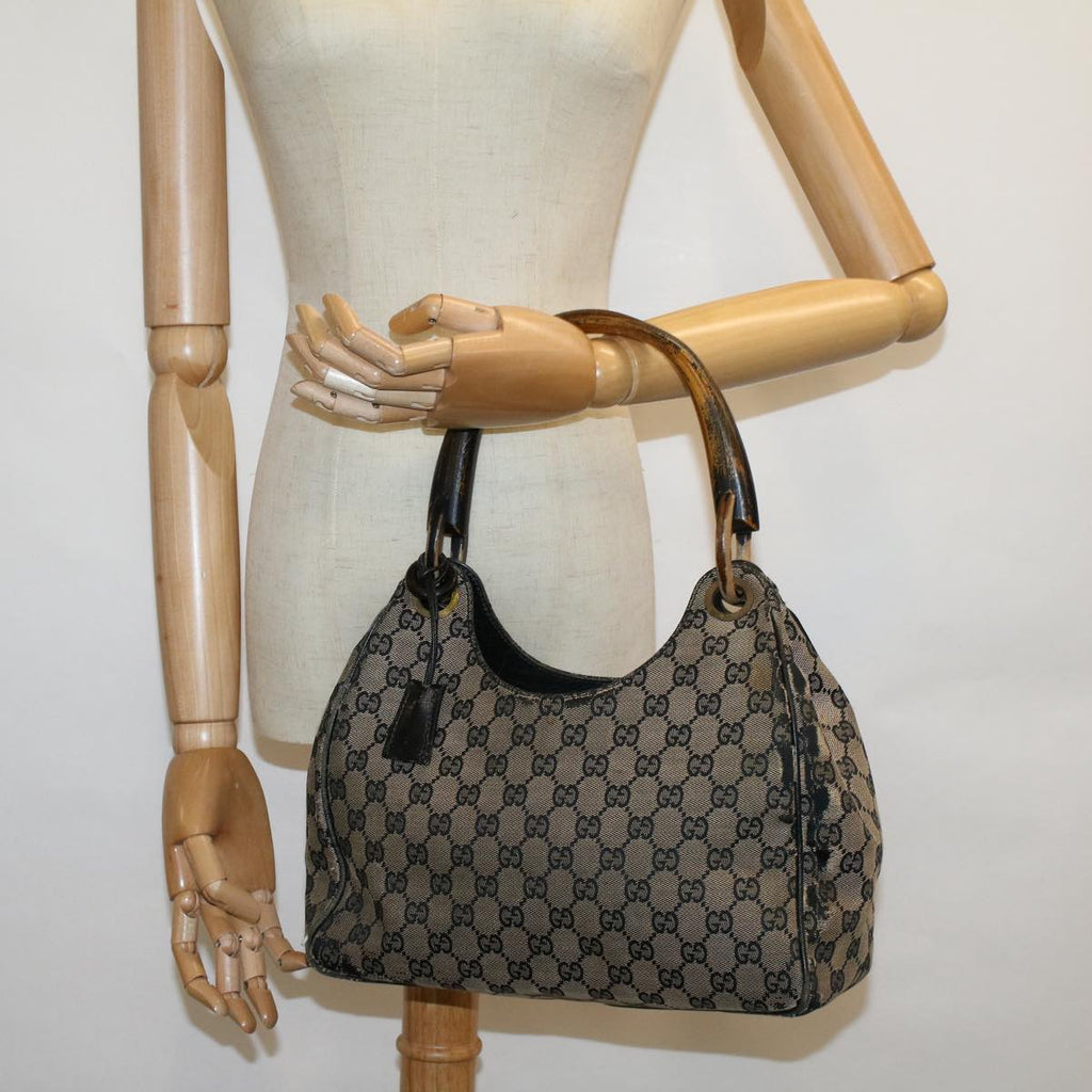 GUCCI GG Canvas Hand Bag Wood Beige Black 56623