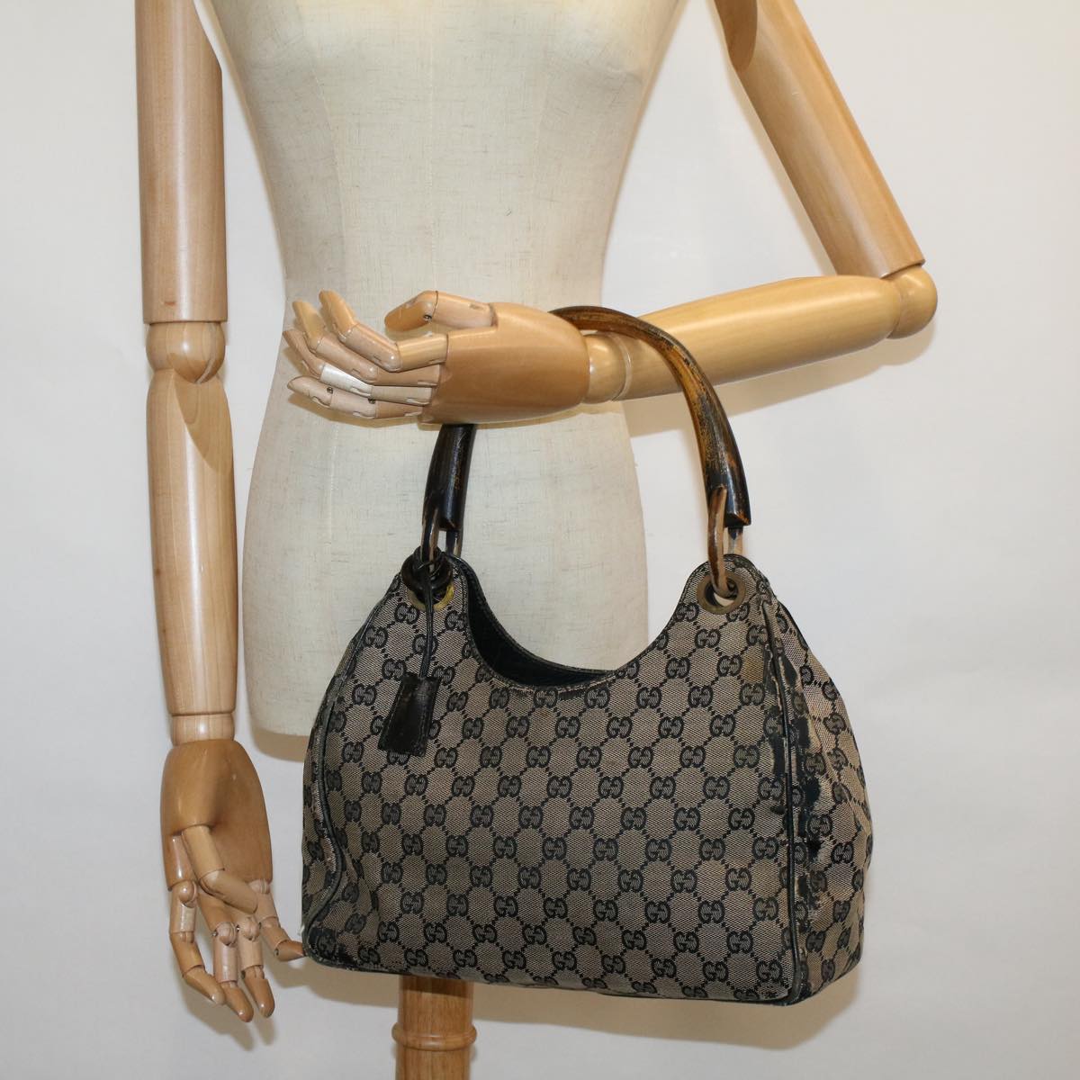 GUCCI GG Canvas Hand Bag Wood Beige Black 56623