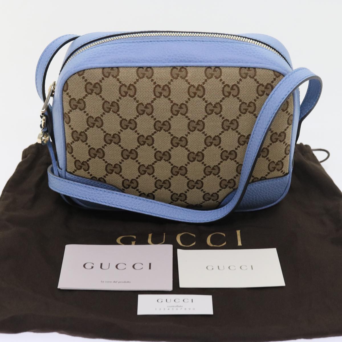 GUCCI GG Canvas Shoulder Bag Beige Light Blue 449413 56705A
