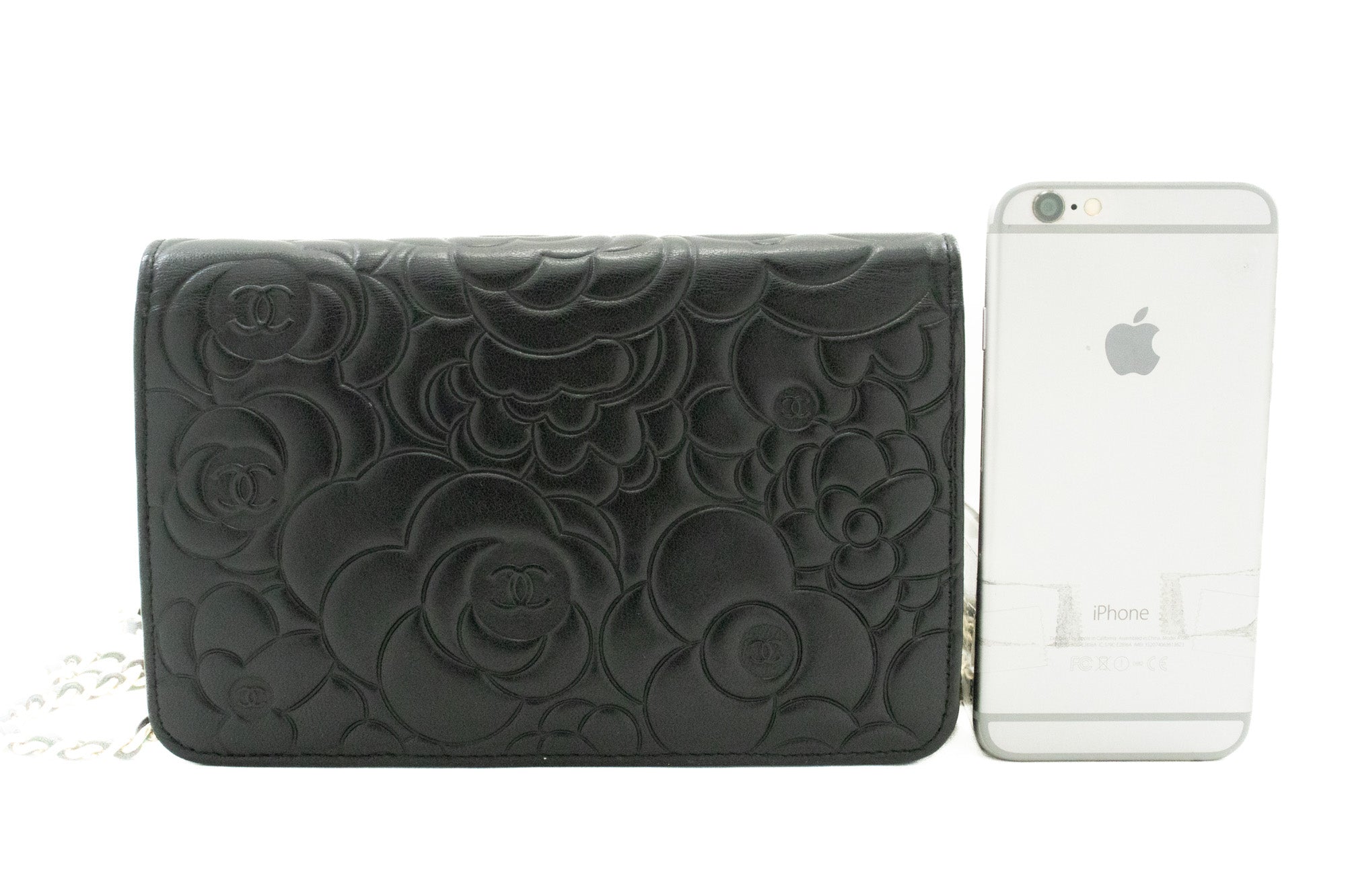 CHANEL Black Camellia Embossed Wallet On Chain WOC Shoulder Bag k53