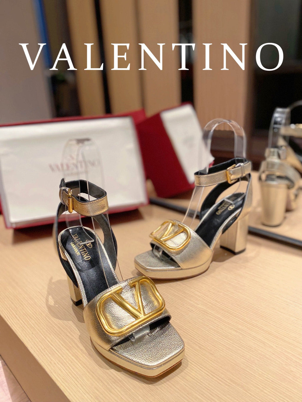 Valentino Garavani Strap Heeled Sandals With V Logo Signature EmbellisGLAMIent Gold For Women