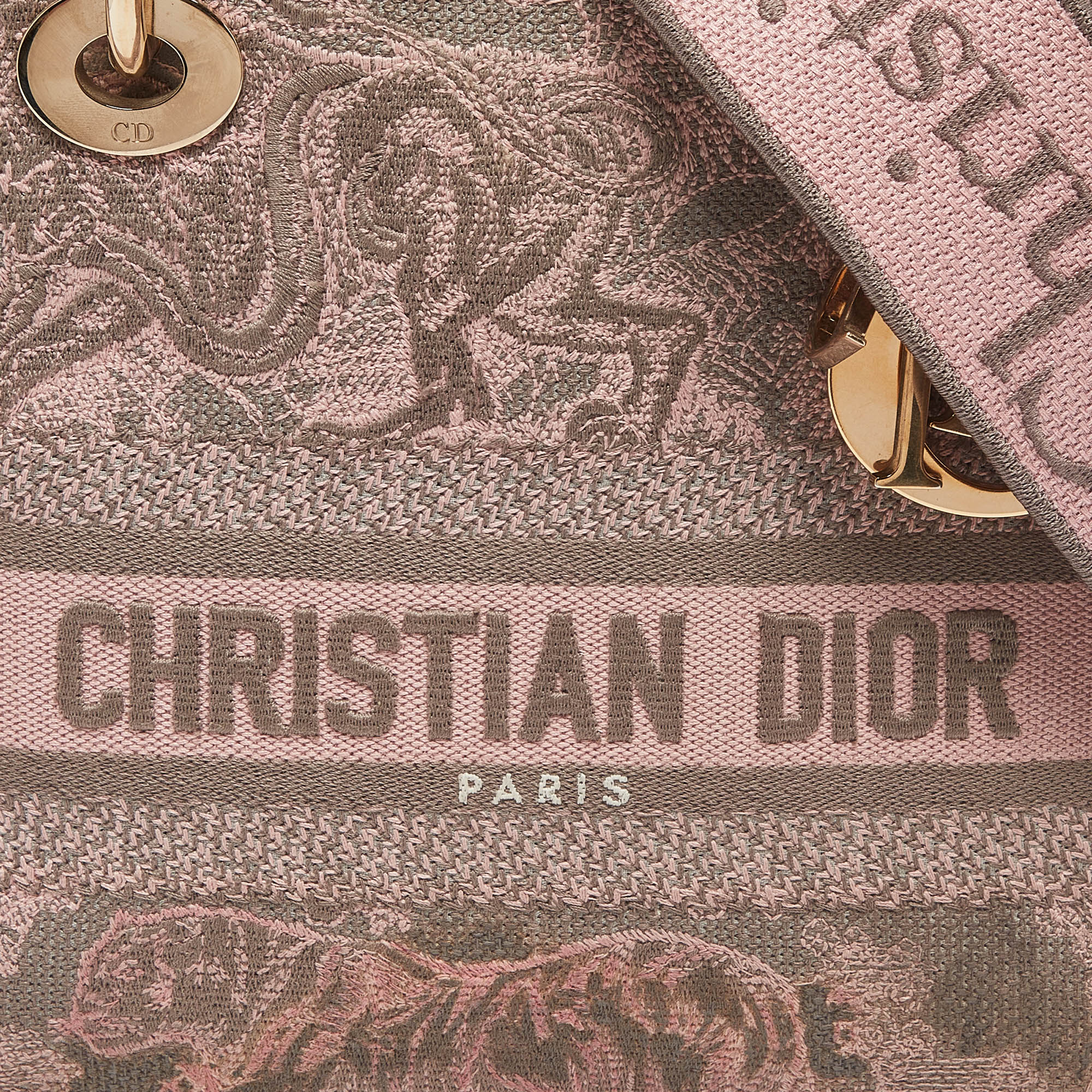 Dior /grey Embroidered Canvas Medium Lady D-Lite Tote