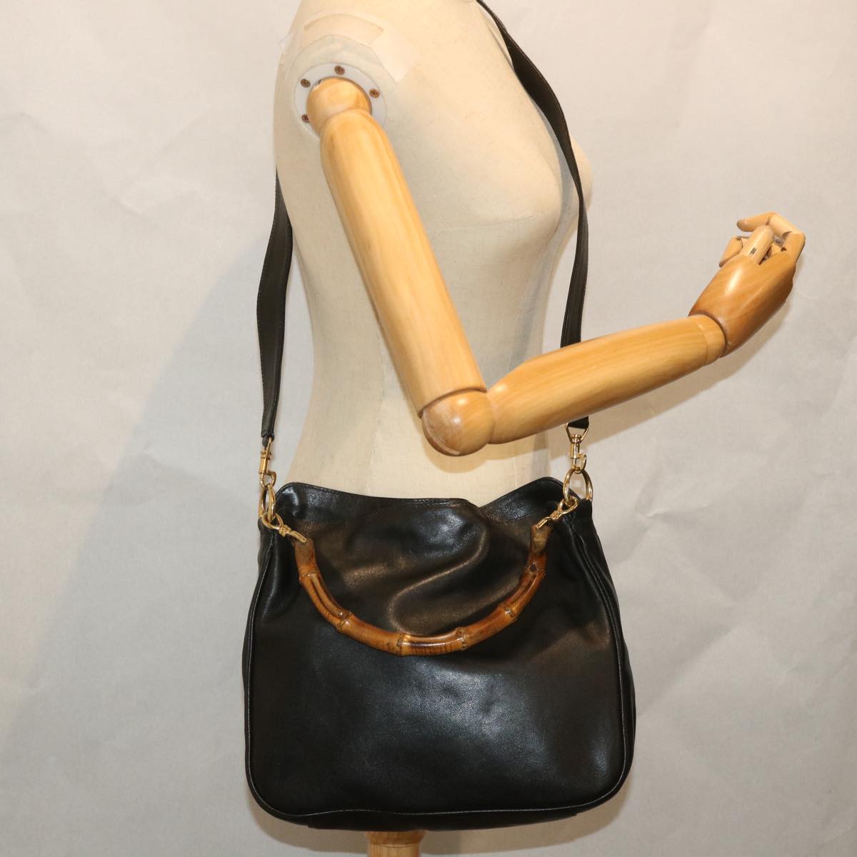 GUCCI Bamboo Shoulder Bag Leather 2way Black 001 2404 1638 57188