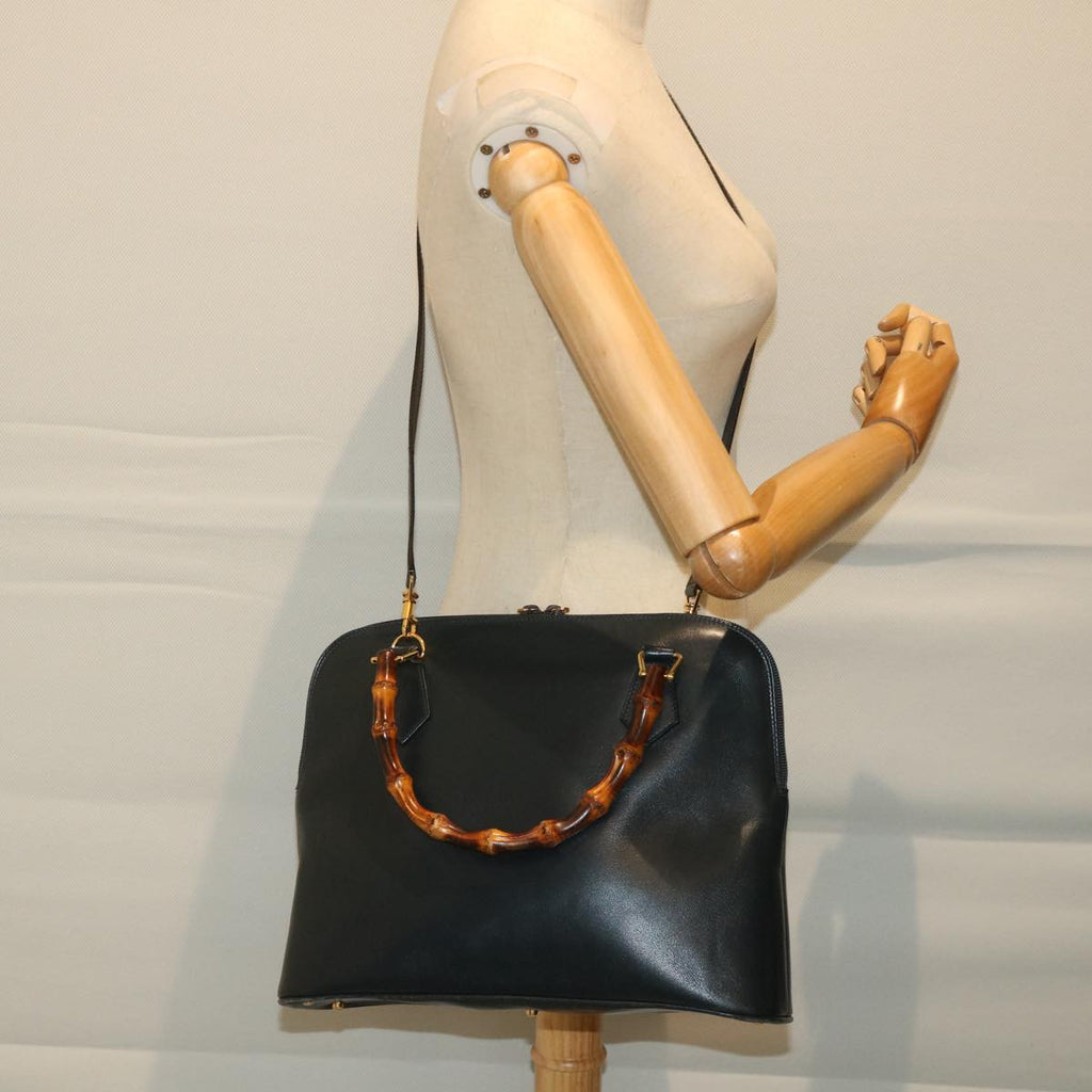 GUCCI Bamboo Hand Bag Leather 2way Navy 57227