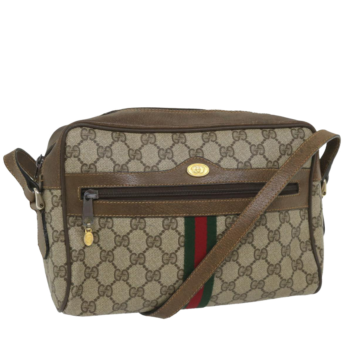 GUCCI GG Canvas Web Sherry Line Shoulder Bag PVC Leather Beige Green 57258