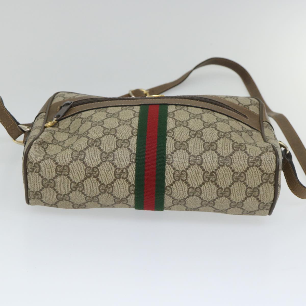 GUCCI GG Canvas Web Sherry Line Shoulder Bag PVC Leather Beige Green 57258