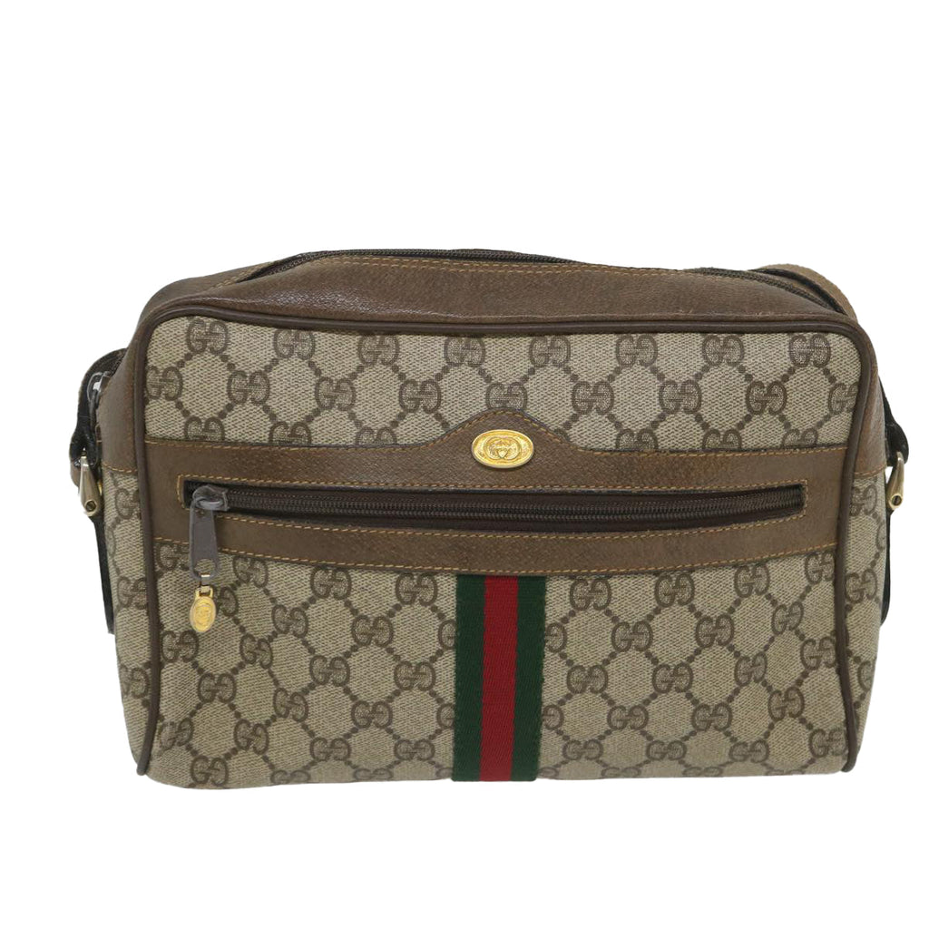 GUCCI GG Canvas Web Sherry Line Shoulder Bag PVC Leather Beige Green 57258