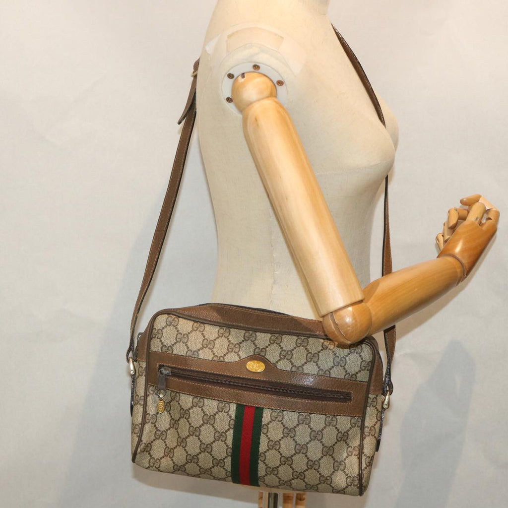 GUCCI GG Canvas Web Sherry Line Shoulder Bag PVC Leather Beige Green 57258