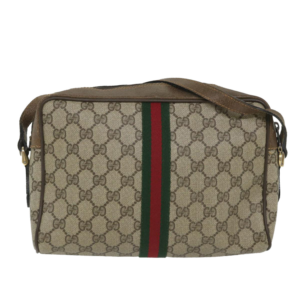 GUCCI GG Canvas Web Sherry Line Shoulder Bag PVC Leather Beige Green 57258