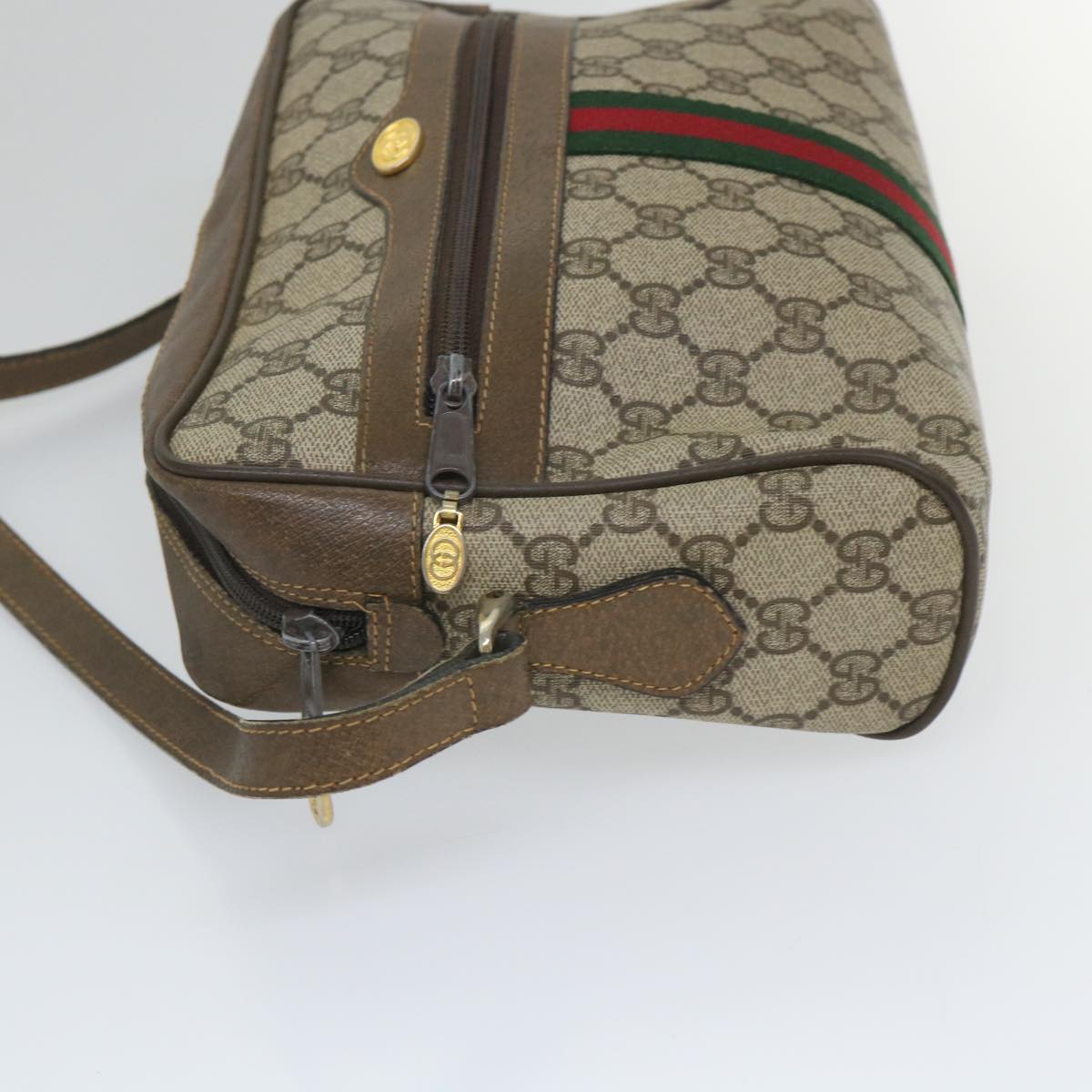 GUCCI GG Canvas Web Sherry Line Shoulder Bag PVC Leather Beige Green 57258