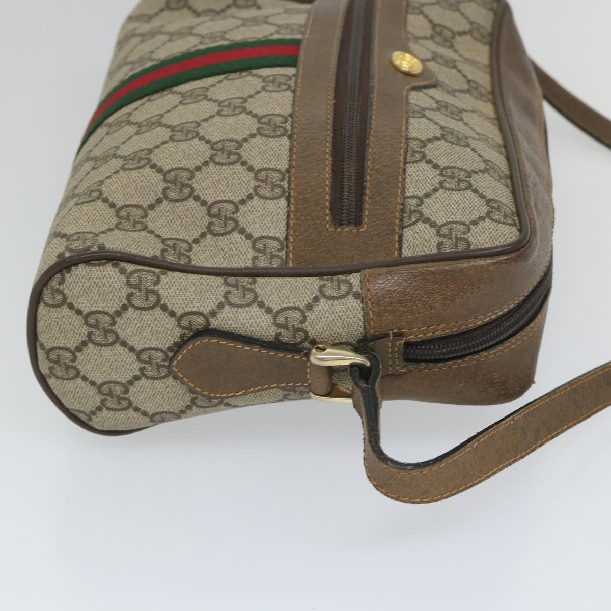 GUCCI GG Canvas Web Sherry Line Shoulder Bag PVC Leather Beige Green 57258