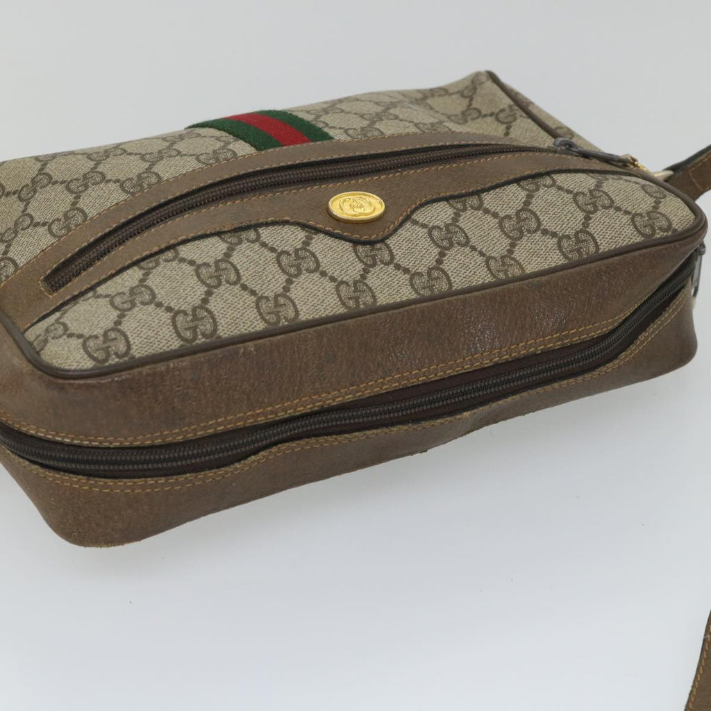 GUCCI GG Canvas Web Sherry Line Shoulder Bag PVC Leather Beige Green 57258