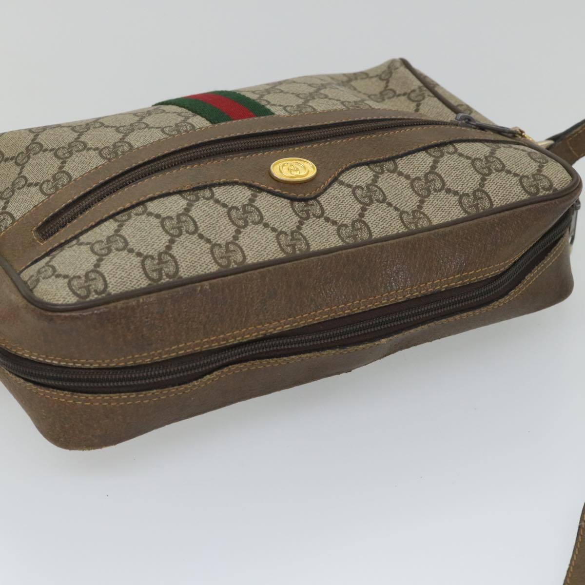 GUCCI GG Canvas Web Sherry Line Shoulder Bag PVC Leather Beige Green 57258