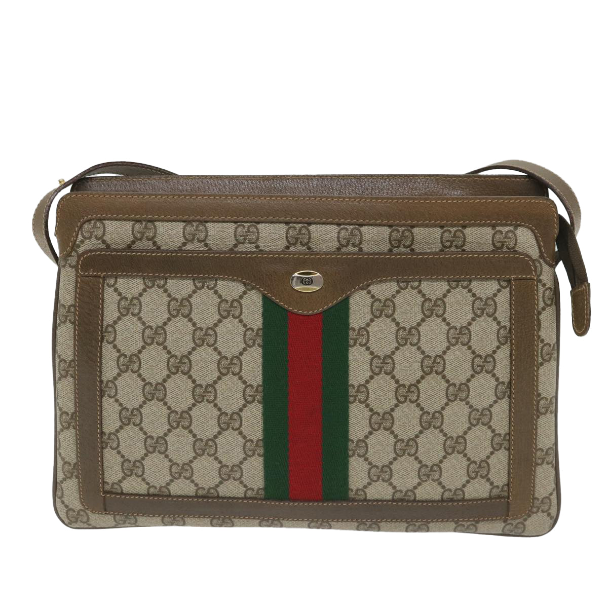GUCCI GG Canvas Web Sherry Line Shoulder Bag PVC Leather Beige Green 57265