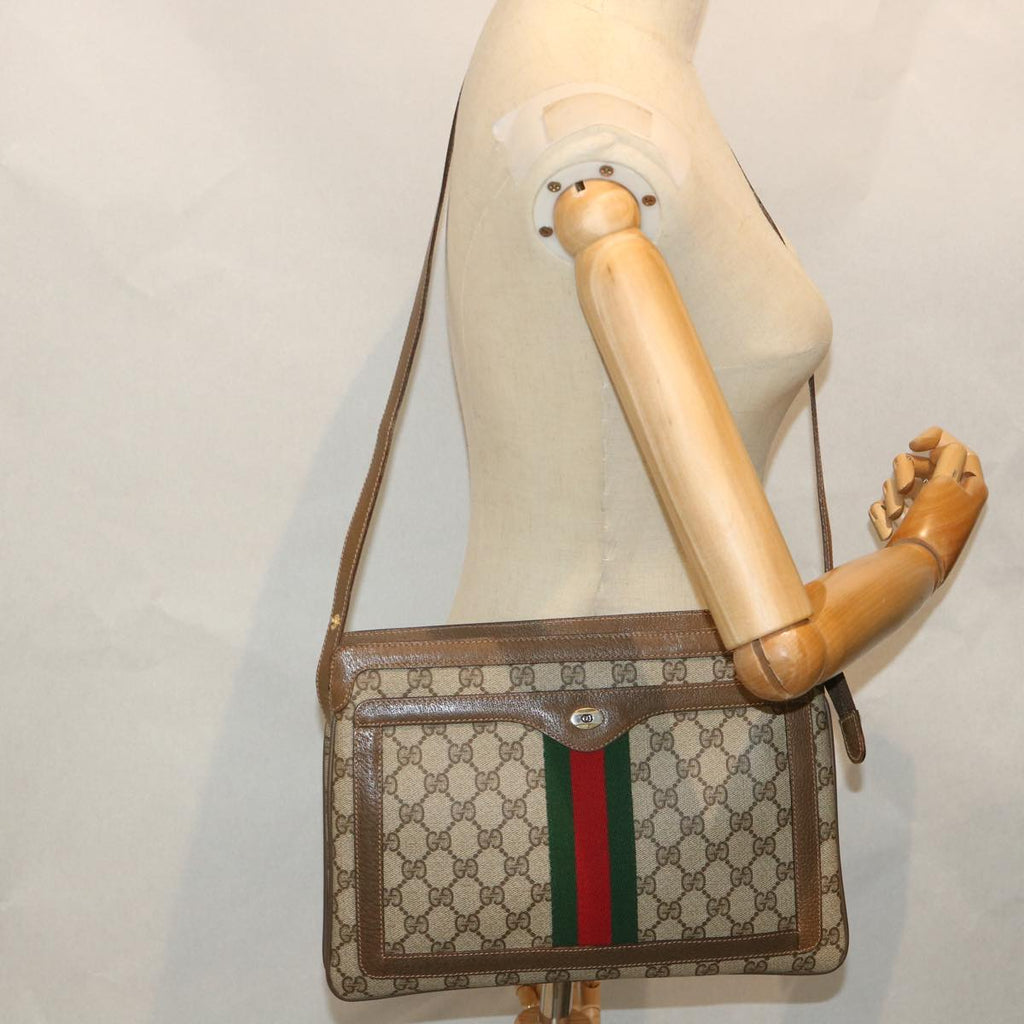 GUCCI GG Canvas Web Sherry Line Shoulder Bag PVC Leather Beige Green 57265