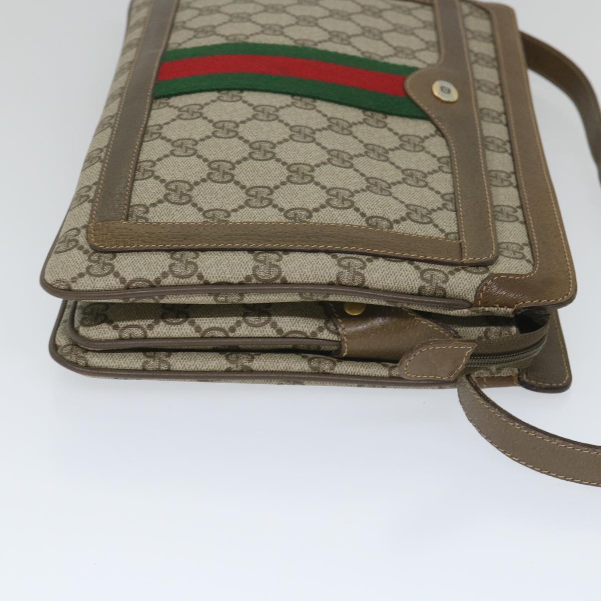 GUCCI GG Canvas Web Sherry Line Shoulder Bag PVC Leather Beige Green 57265