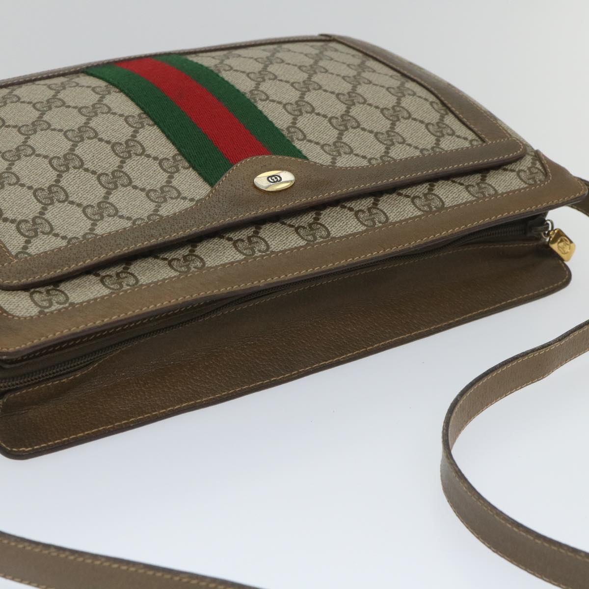 GUCCI GG Canvas Web Sherry Line Shoulder Bag PVC Leather Beige Green 57265