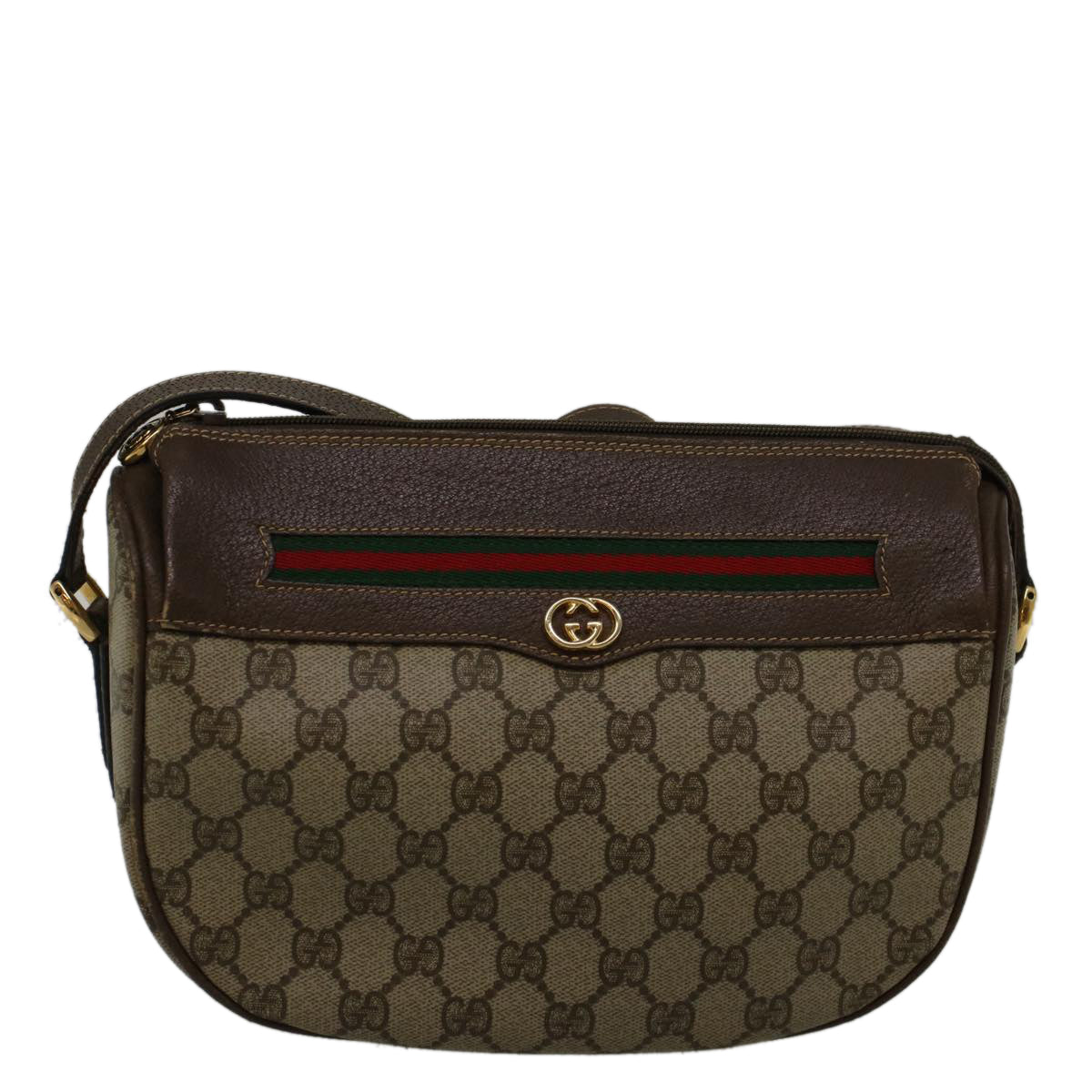 GUCCI GG Canvas Web Sherry Line Shoulder Bag PVC Leather Beige Green 57284