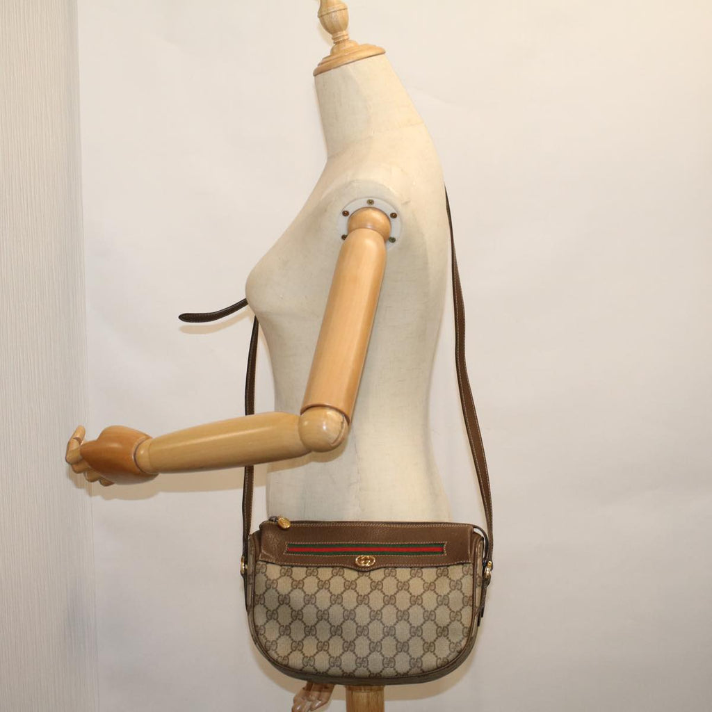 GUCCI GG Canvas Web Sherry Line Shoulder Bag PVC Leather Beige Green 57284