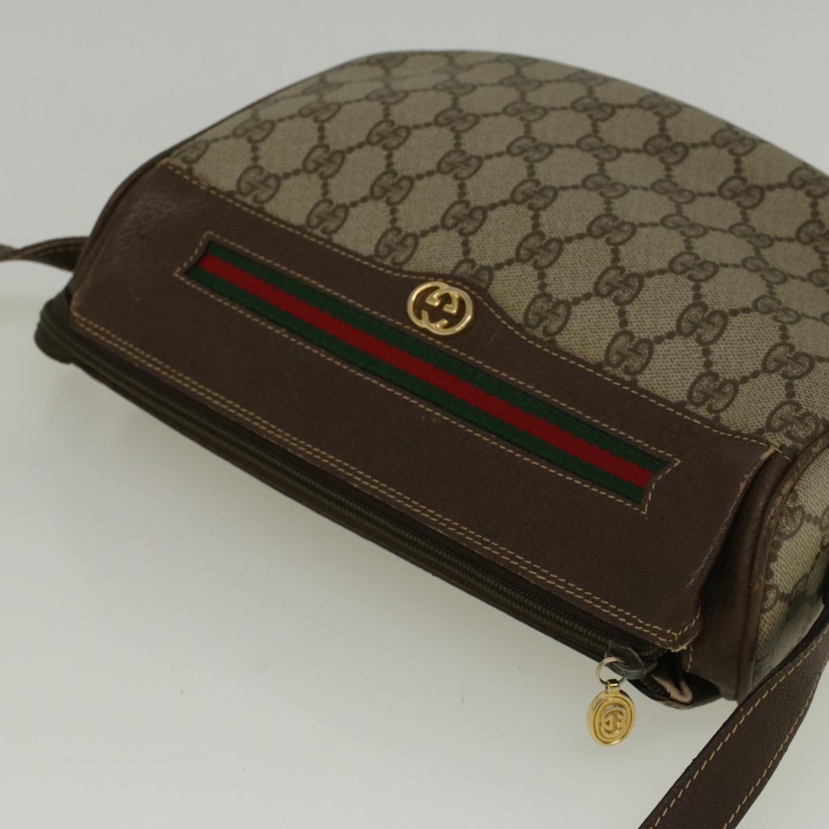 GUCCI GG Canvas Web Sherry Line Shoulder Bag PVC Leather Beige Green 57284