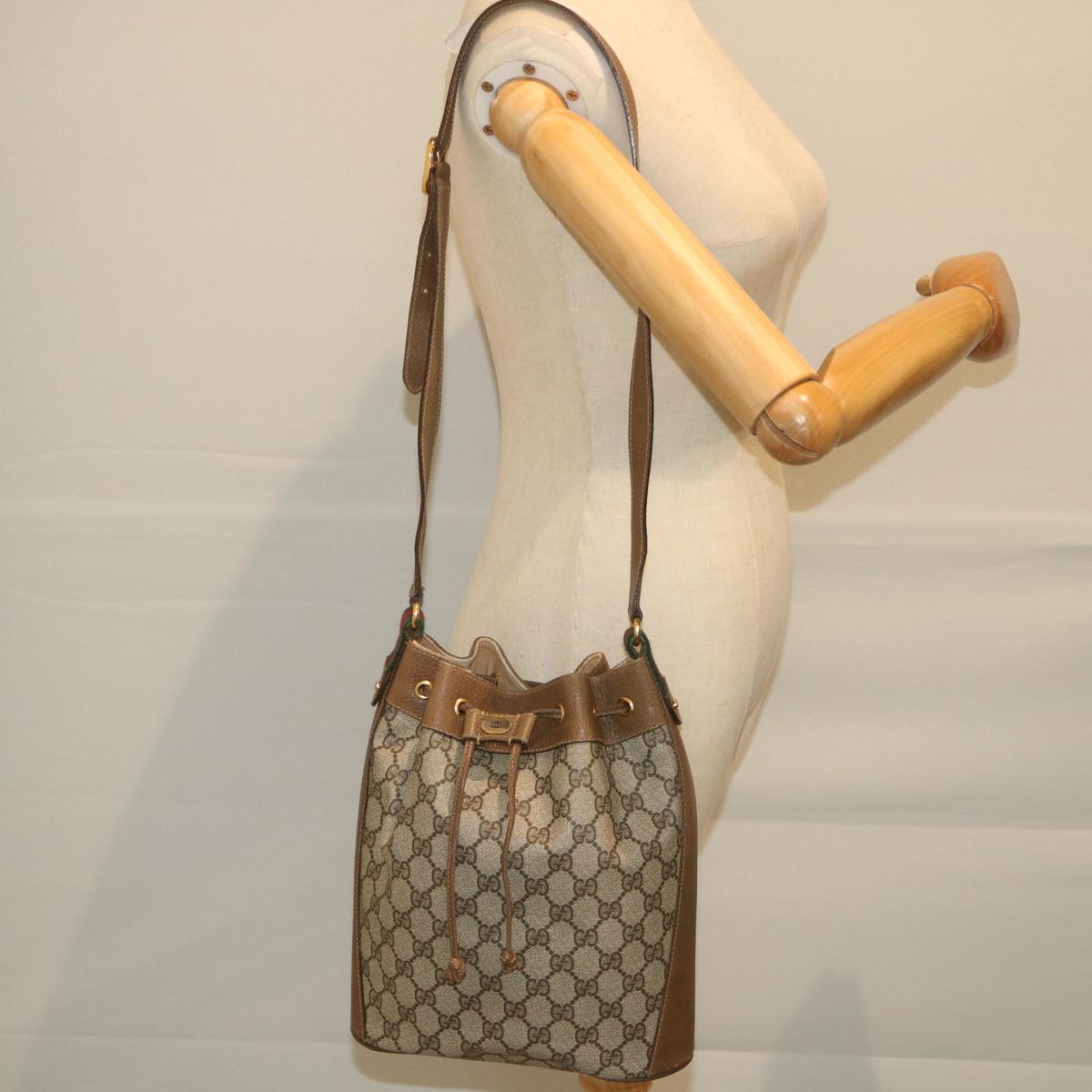 GUCCI GG Canvas Web Sherry Line Shoulder Bag PVC Leather Beige Green 57304