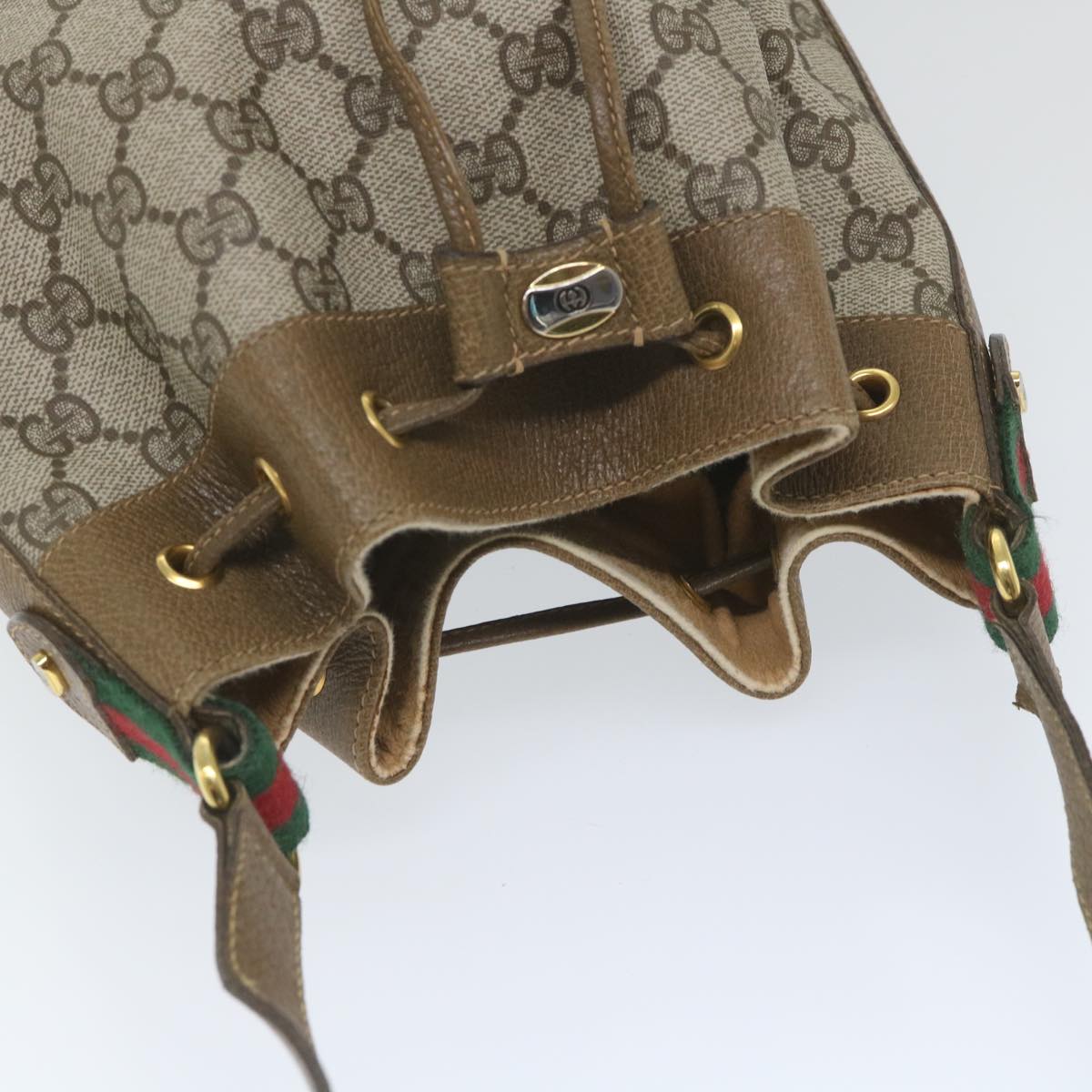 GUCCI GG Canvas Web Sherry Line Shoulder Bag PVC Leather Beige Green 57304