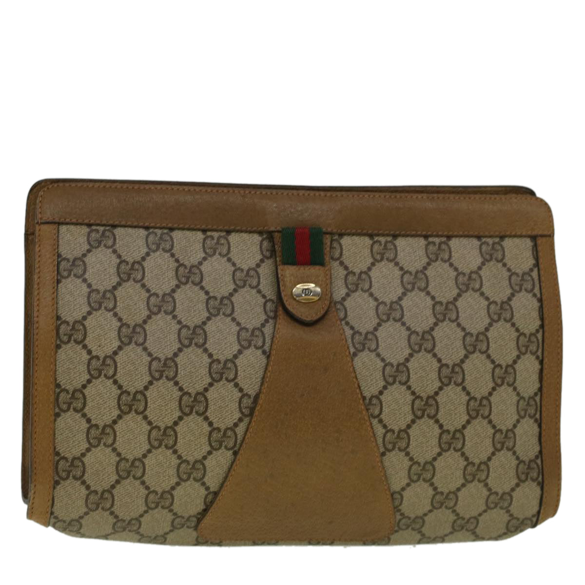 GUCCI GG Canvas Web Sherry Line Clutch Bag PVC Leather Beige Green 57305