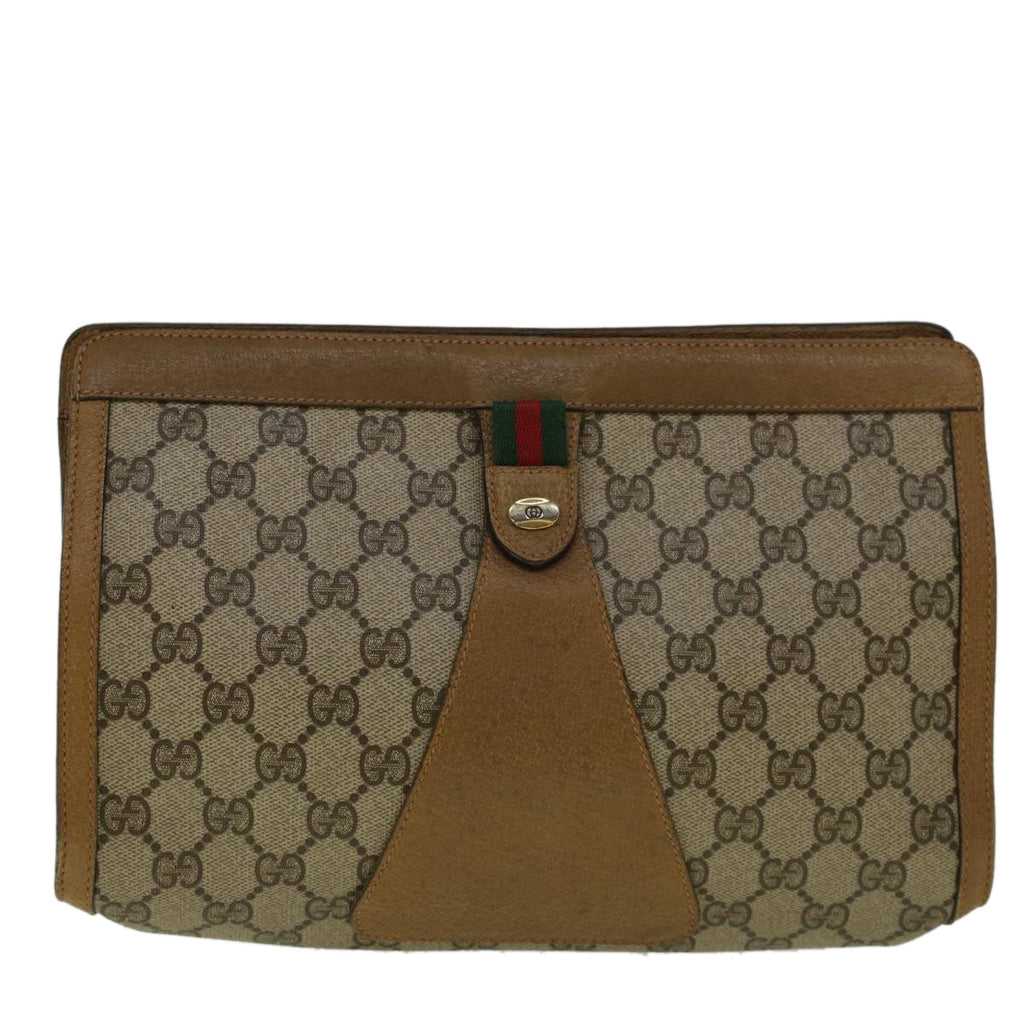 GUCCI GG Canvas Web Sherry Line Clutch Bag PVC Leather Beige Green 57305