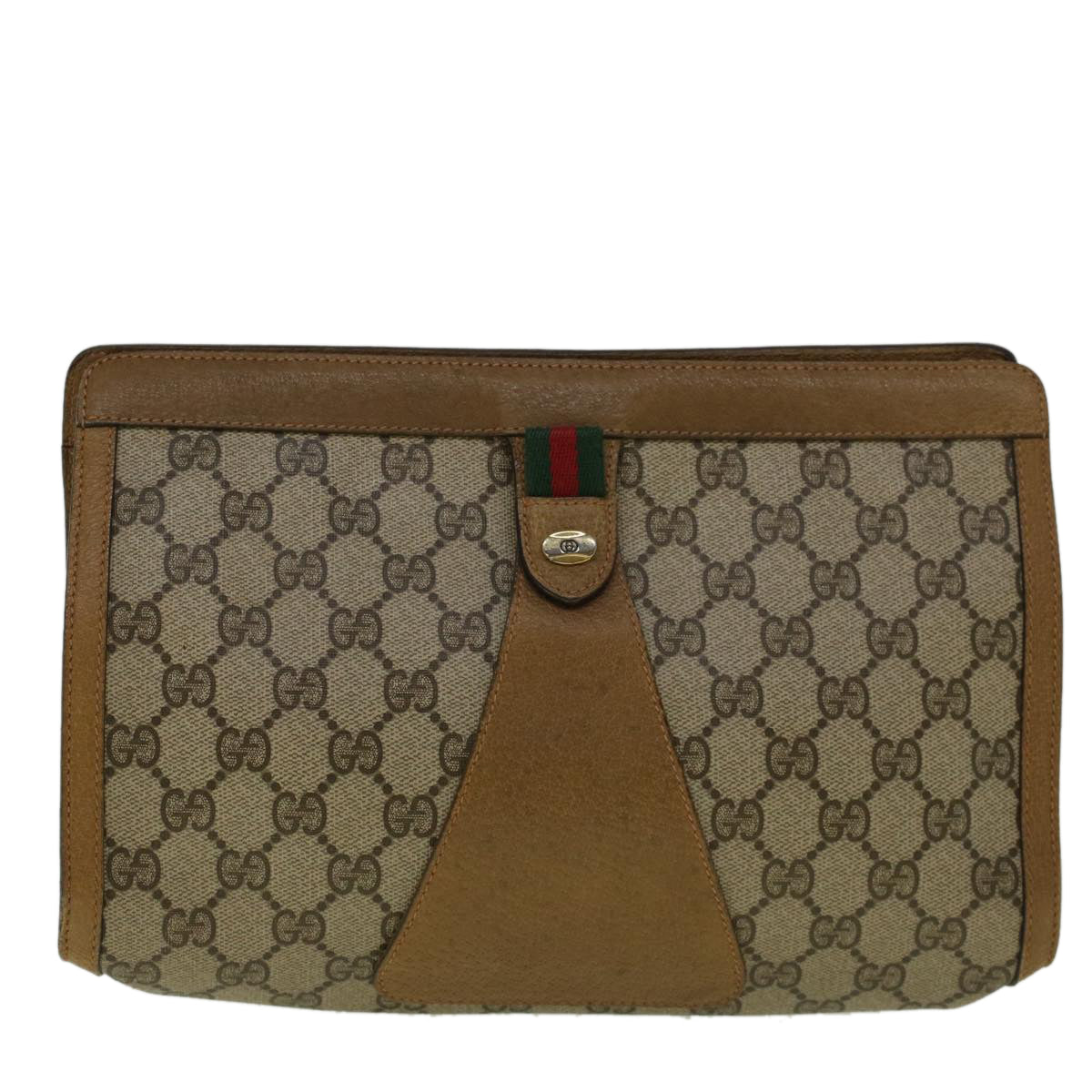 GUCCI GG Canvas Web Sherry Line Clutch Bag PVC Leather Beige Green 57305