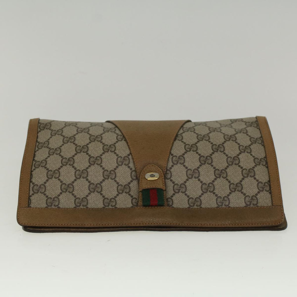 GUCCI GG Canvas Web Sherry Line Clutch Bag PVC Leather Beige Green 57305