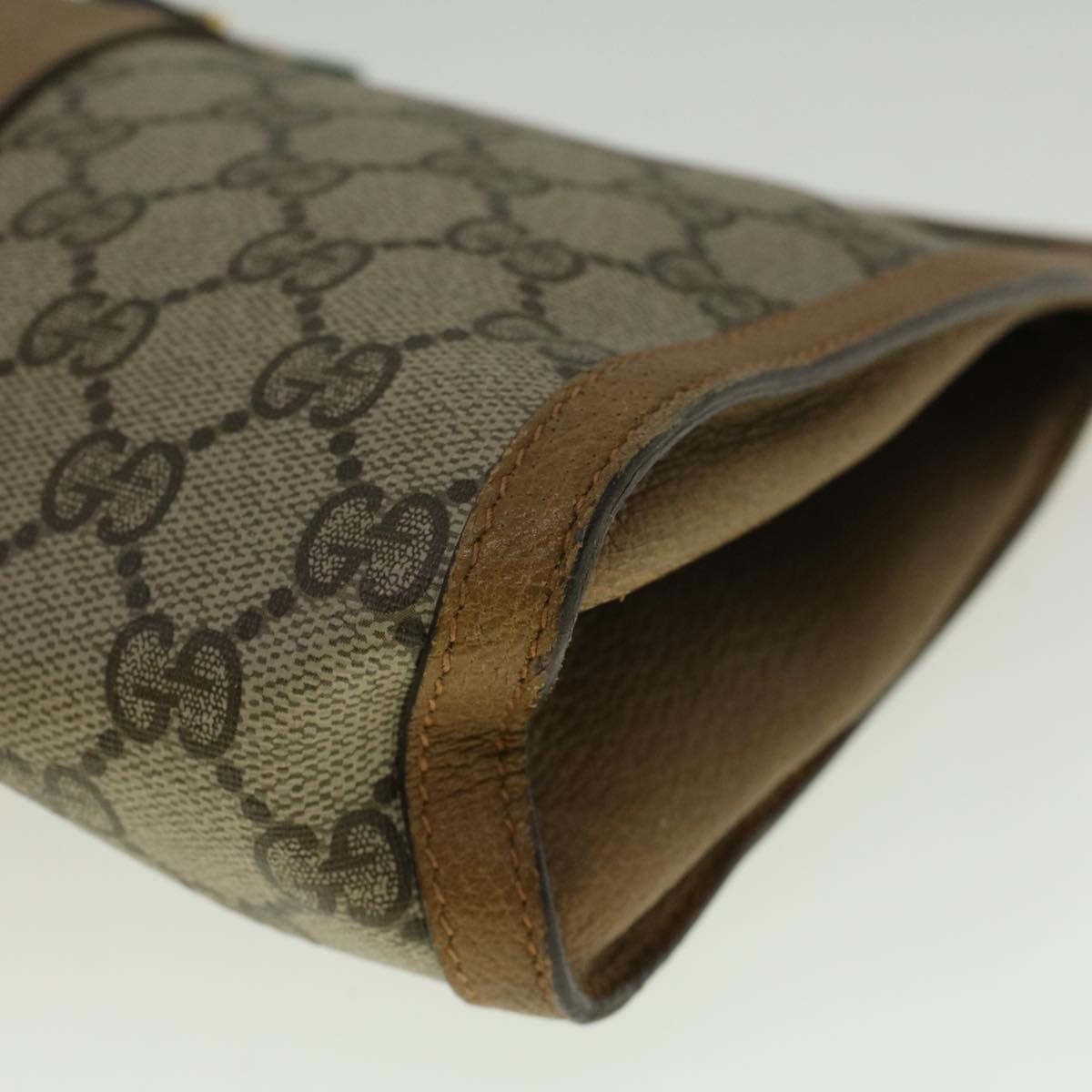 GUCCI GG Canvas Web Sherry Line Clutch Bag PVC Leather Beige Green 57305