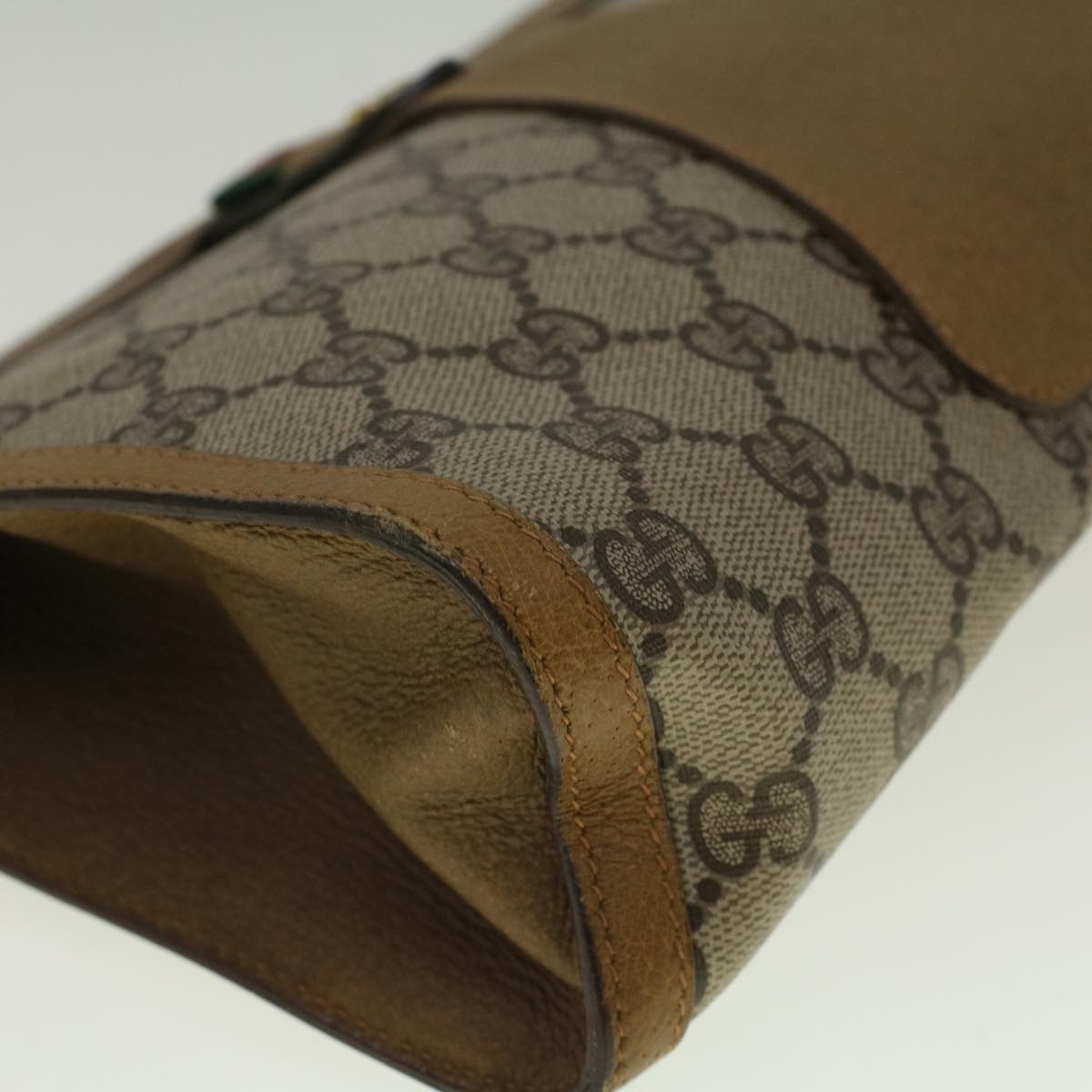 GUCCI GG Canvas Web Sherry Line Clutch Bag PVC Leather Beige Green 57305