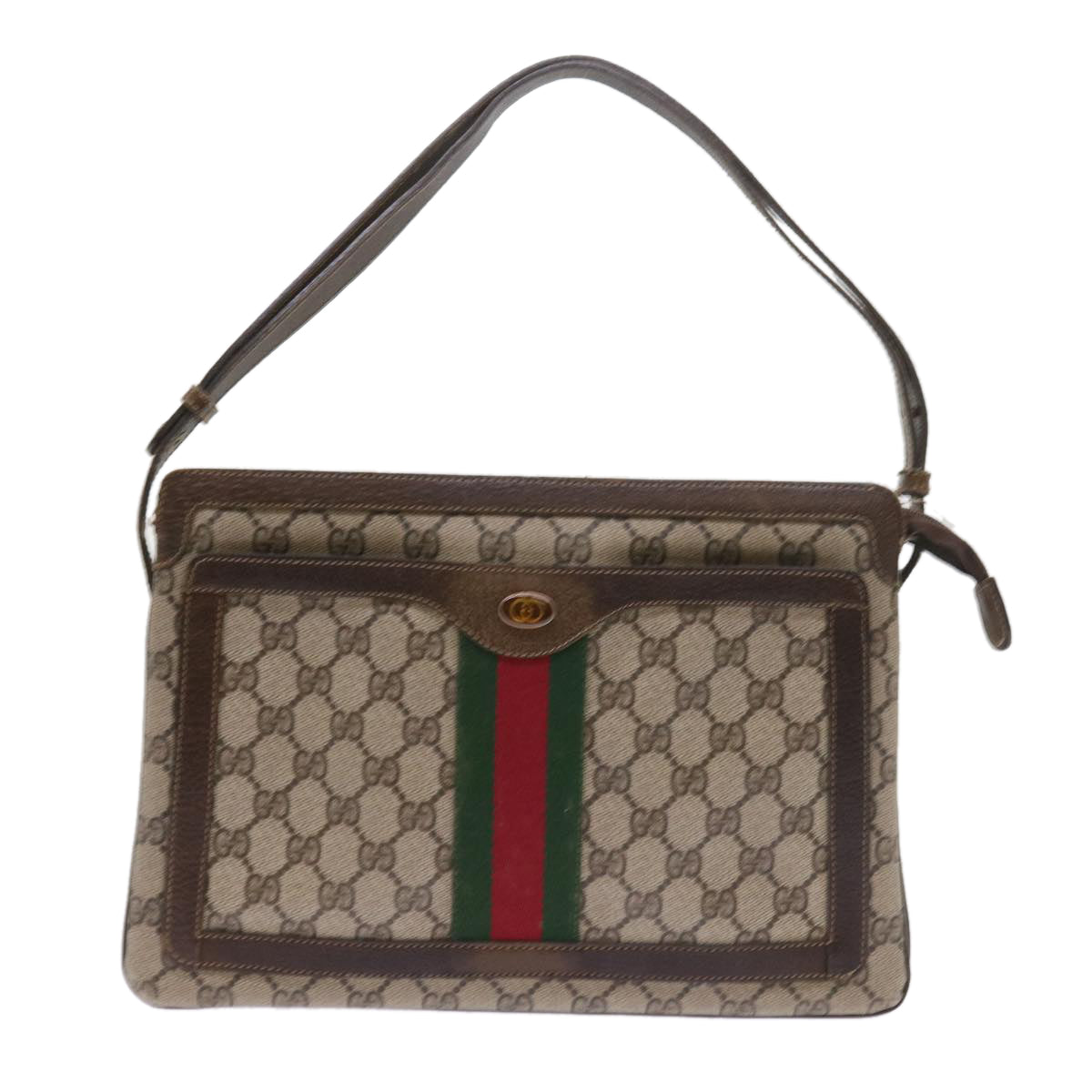 GUCCI GG Canvas Web Sherry Line Shoulder Bag PVC Leather Beige Green 57310