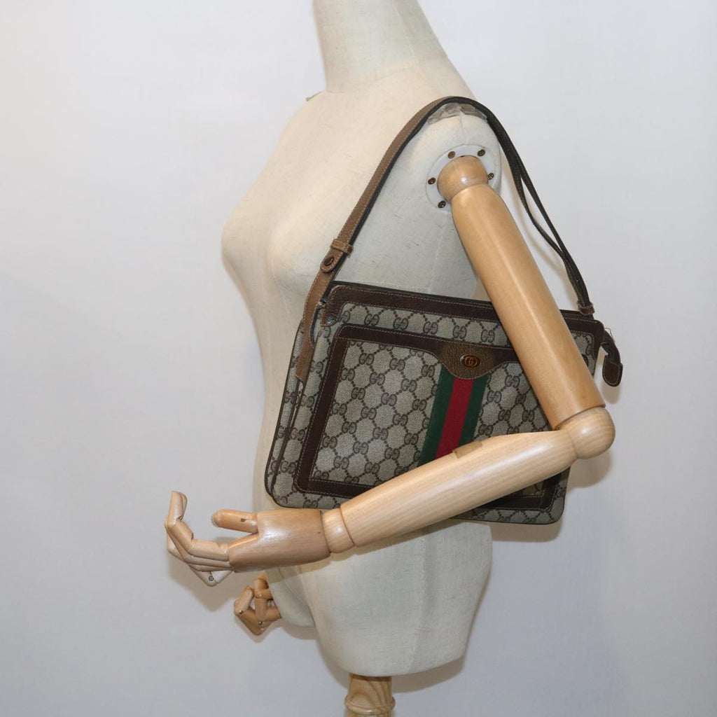 GUCCI GG Canvas Web Sherry Line Shoulder Bag PVC Leather Beige Green 57310