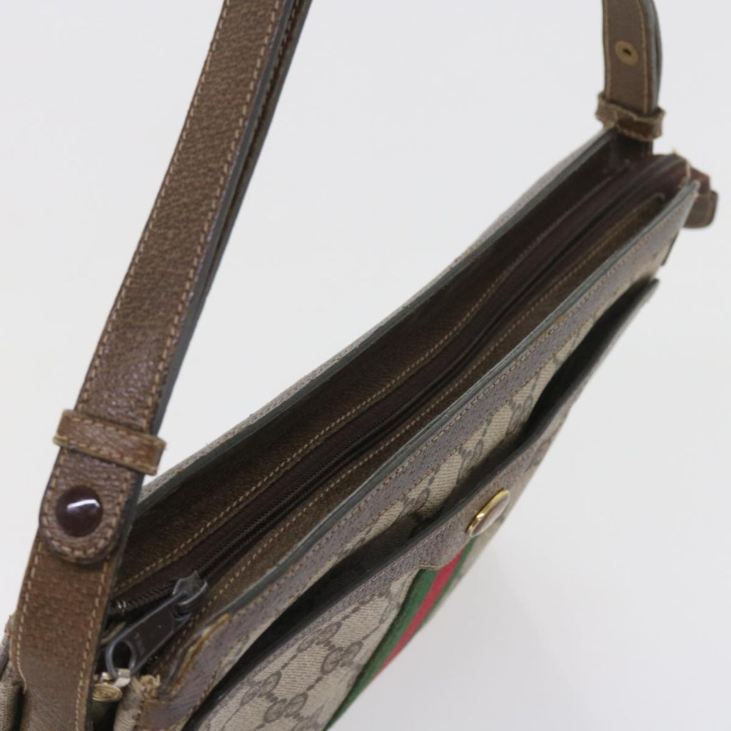 GUCCI GG Canvas Web Sherry Line Shoulder Bag PVC Leather Beige Green 57310