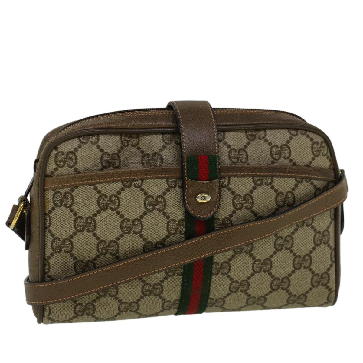 GUCCI GG Canvas Web Sherry Line Shoulder Bag PVC Leather Beige Green 57313
