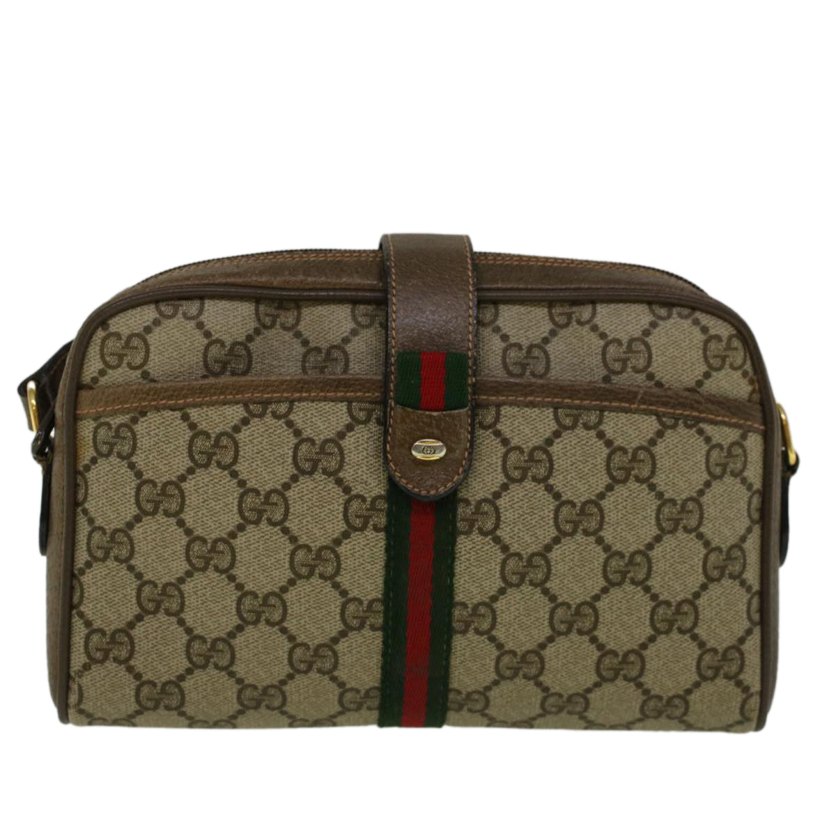 GUCCI GG Canvas Web Sherry Line Shoulder Bag PVC Leather Beige Green 57313
