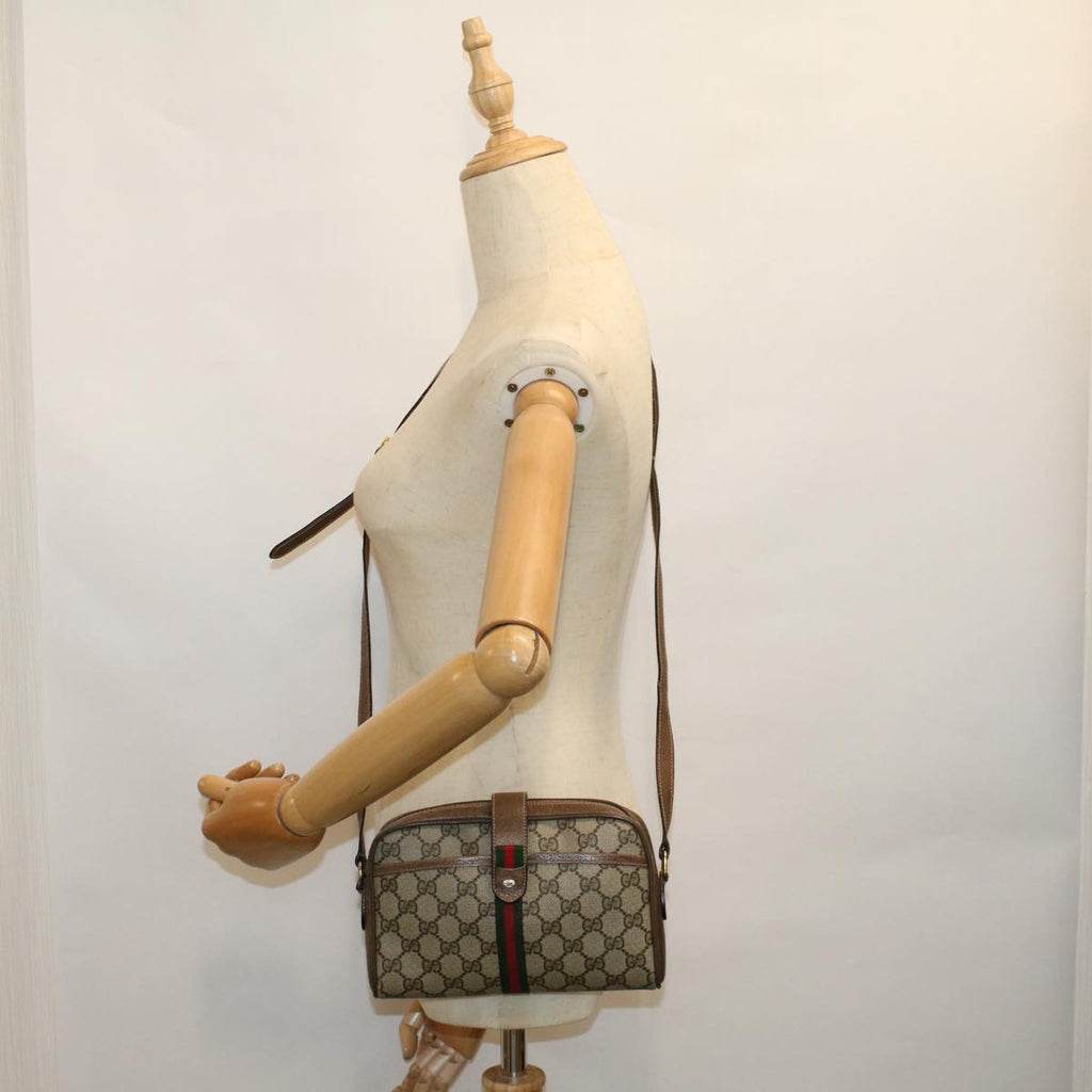 GUCCI GG Canvas Web Sherry Line Shoulder Bag PVC Leather Beige Green 57313