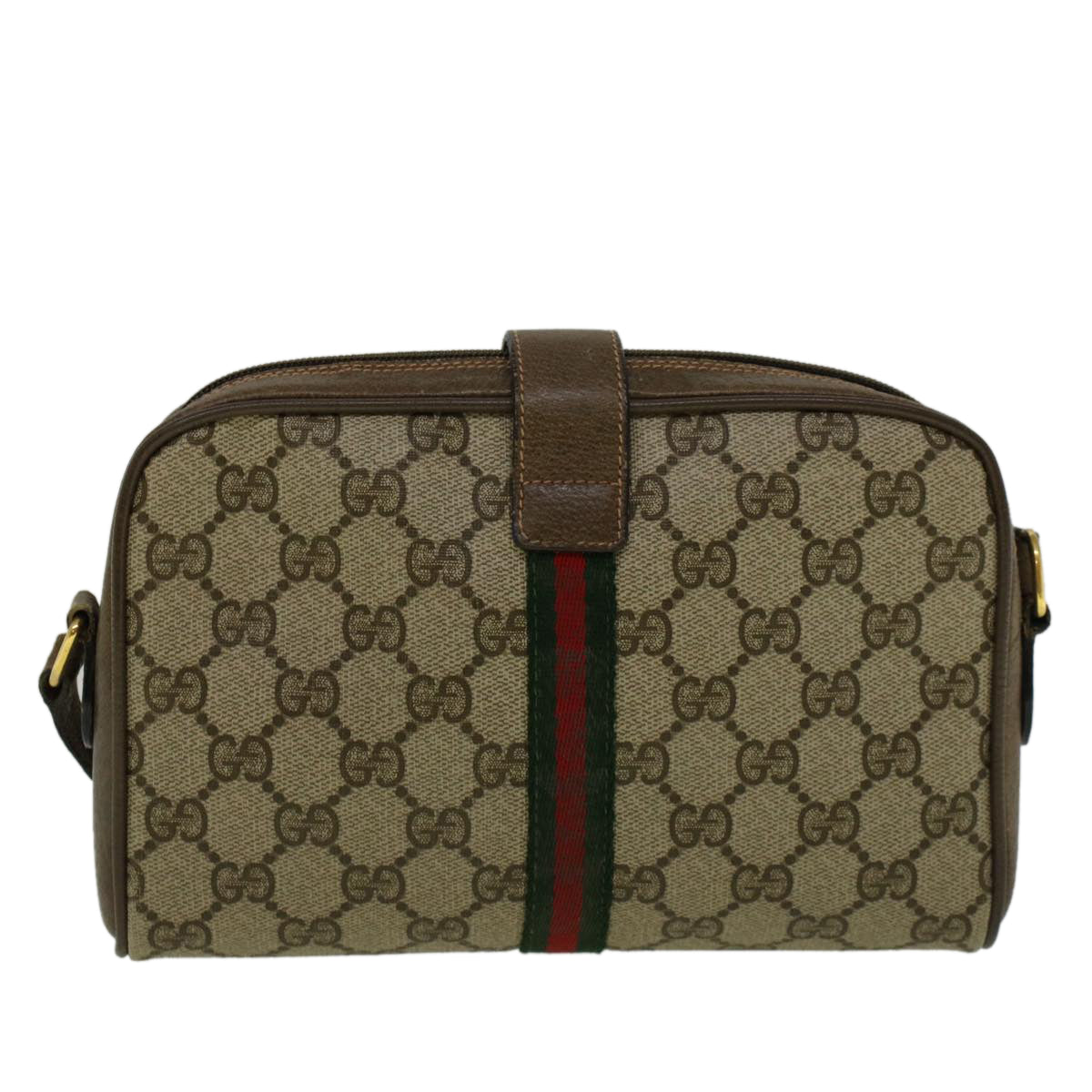 GUCCI GG Canvas Web Sherry Line Shoulder Bag PVC Leather Beige Green 57313