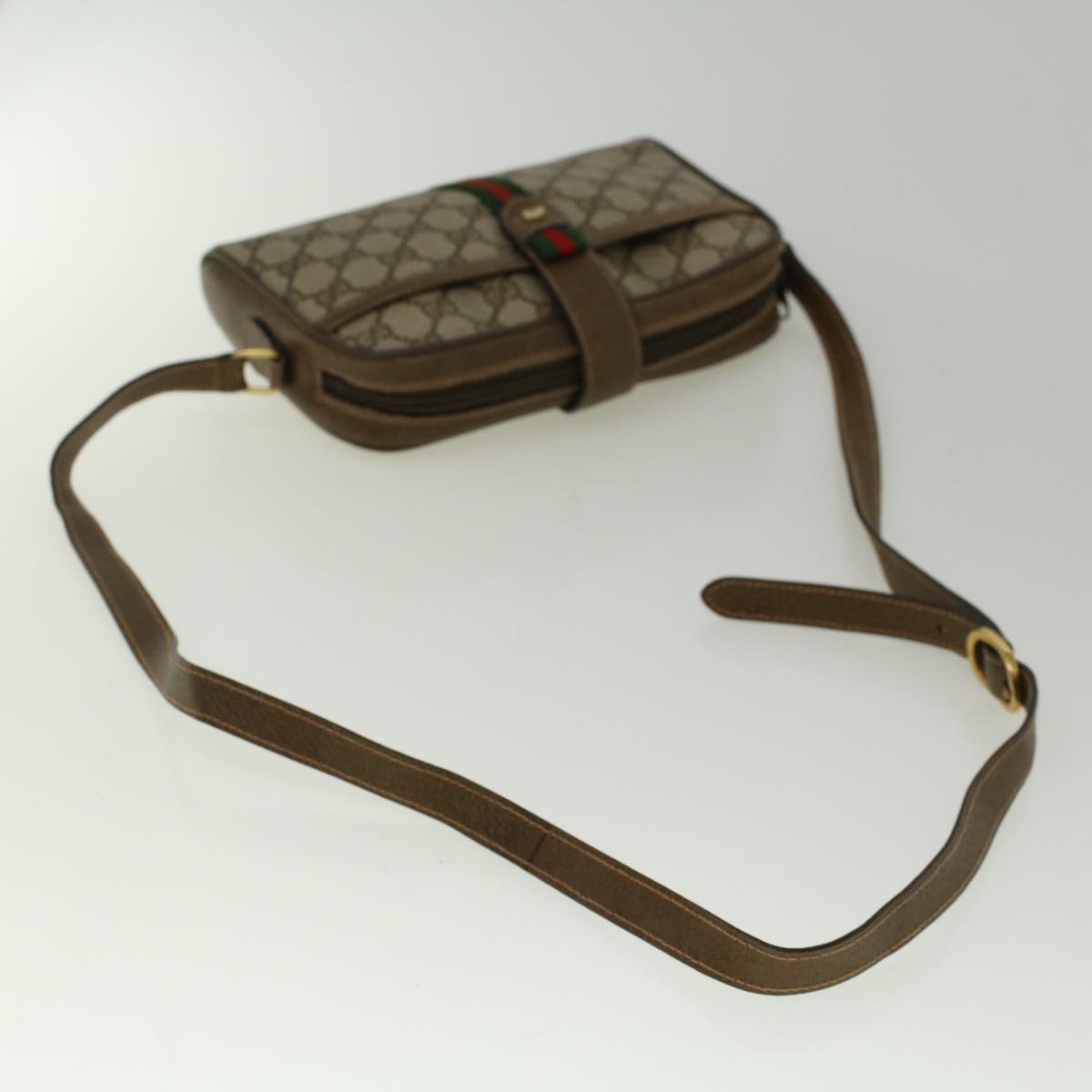 GUCCI GG Canvas Web Sherry Line Shoulder Bag PVC Leather Beige Green 57313