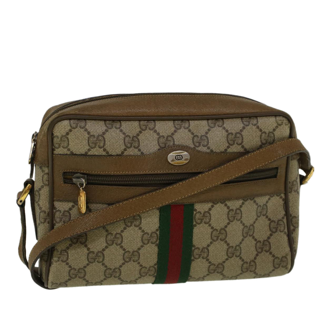 GUCCI GG Canvas Web Sherry Line Shoulder Bag PVC Leather Beige Green 57329
