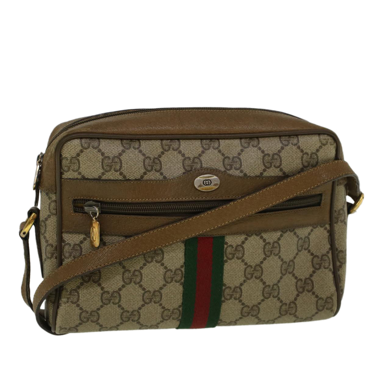 GUCCI GG Canvas Web Sherry Line Shoulder Bag PVC Leather Beige Green 57329
