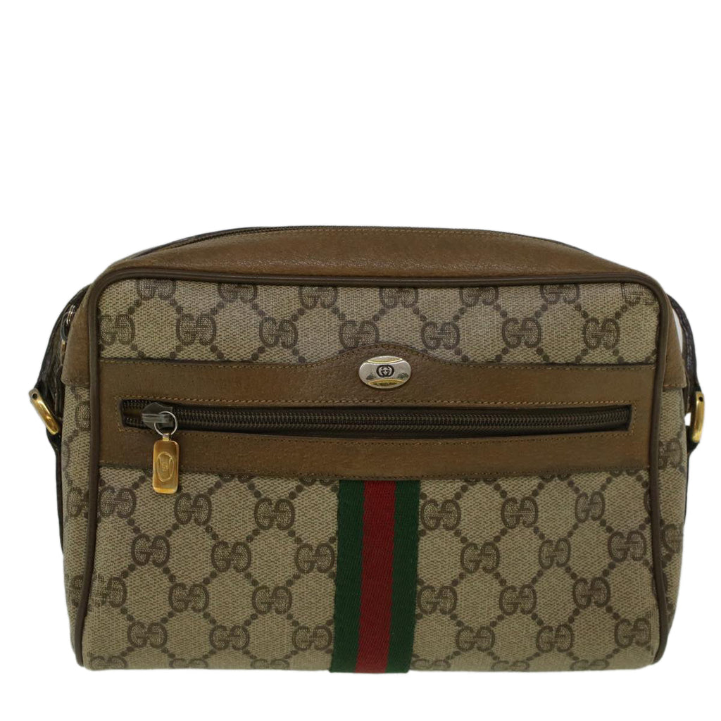 GUCCI GG Canvas Web Sherry Line Shoulder Bag PVC Leather Beige Green 57329