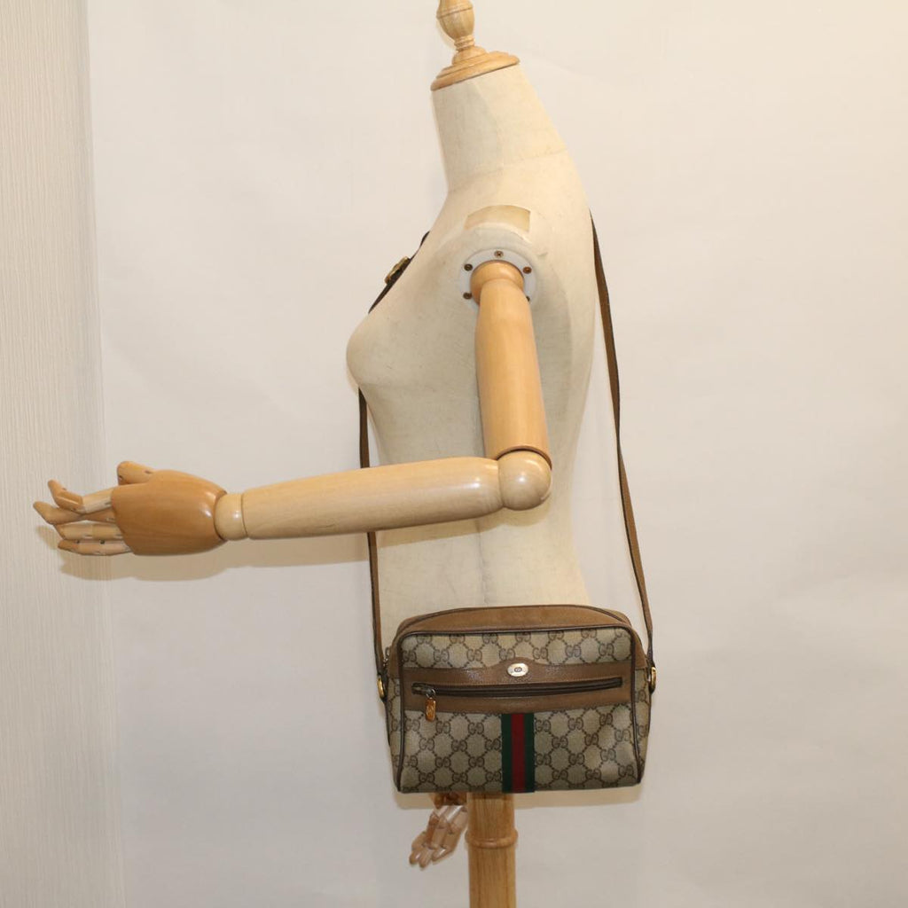 GUCCI GG Canvas Web Sherry Line Shoulder Bag PVC Leather Beige Green 57329